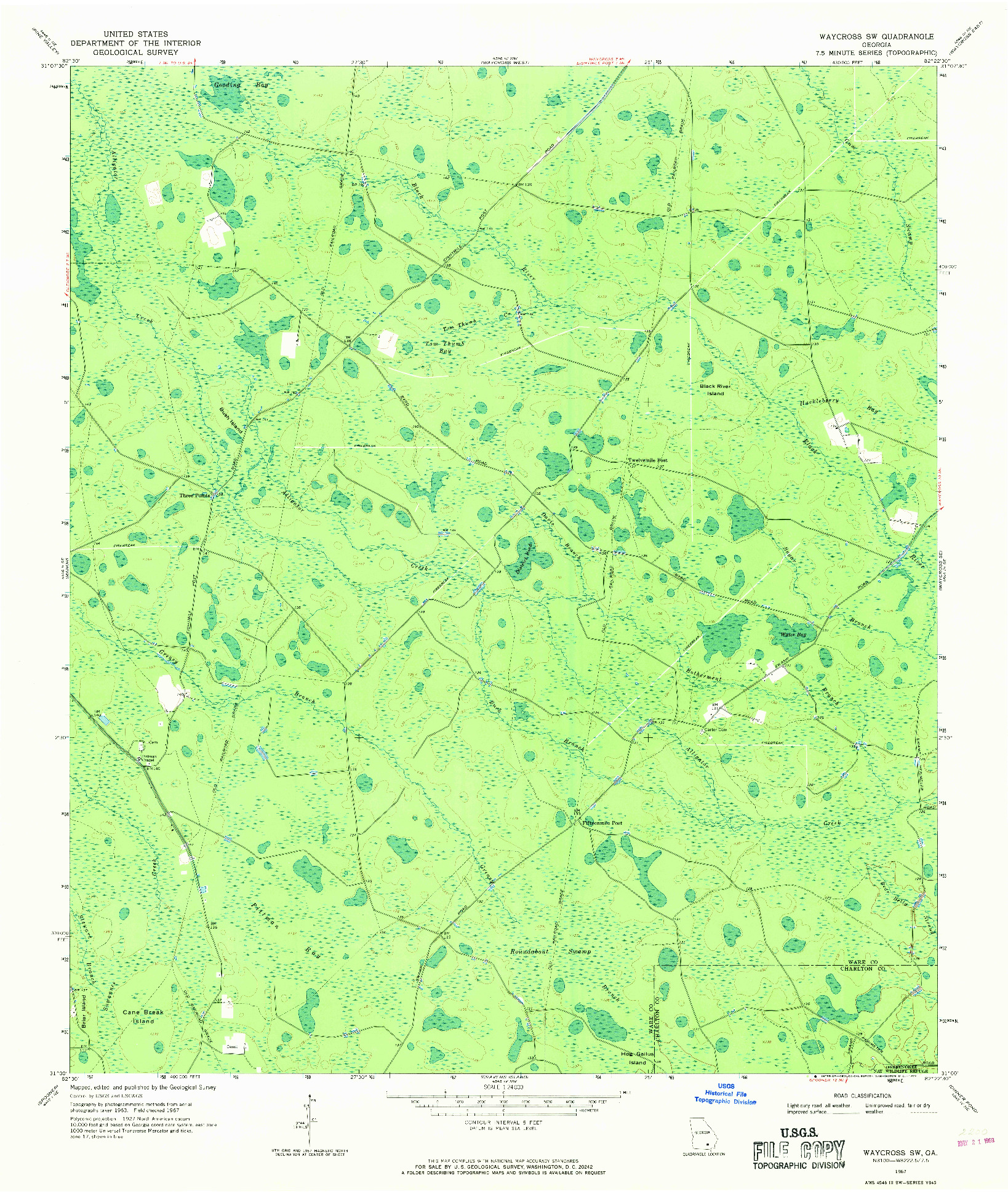 USGS 1:24000-SCALE QUADRANGLE FOR WAYCROSS SW, GA 1967