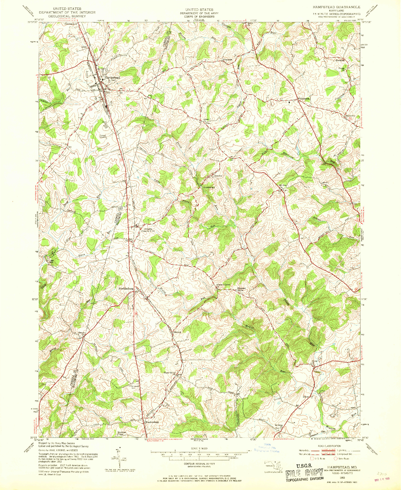 USGS 1:24000-SCALE QUADRANGLE FOR HAMPSTEAD, MD 1953
