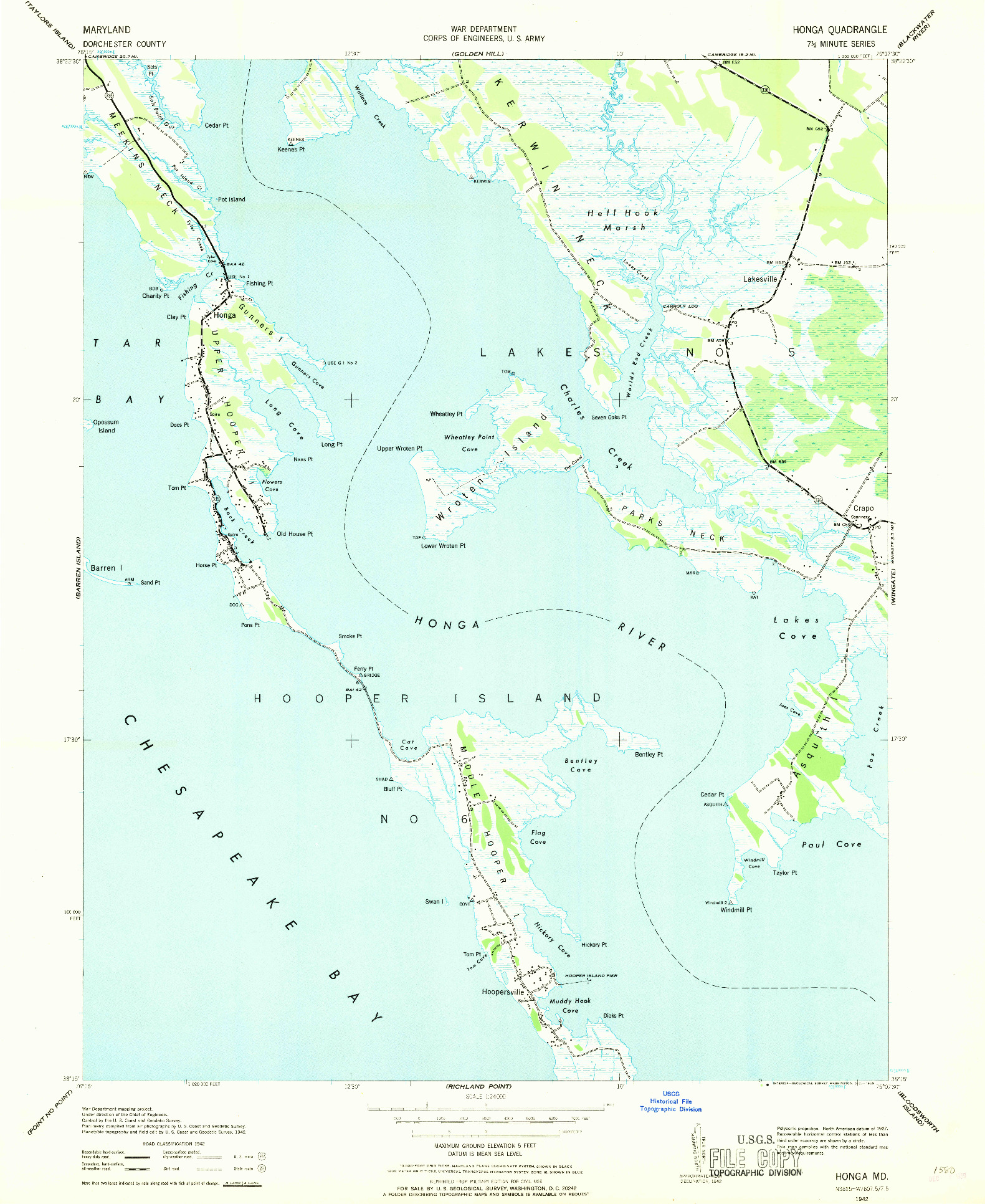 USGS 1:24000-SCALE QUADRANGLE FOR HONGA, MD 1942