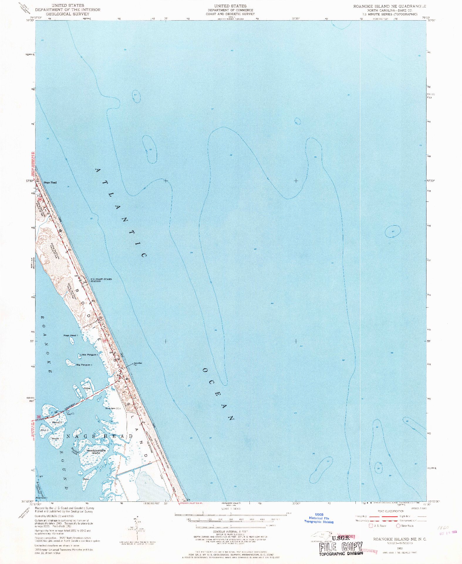 USGS 1:24000-SCALE QUADRANGLE FOR ROANOKE ISLAND NE, NC 1953