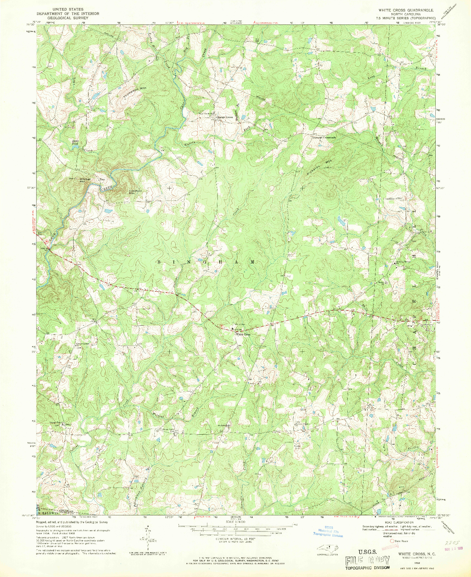 USGS 1:24000-SCALE QUADRANGLE FOR WHITE CROSS, NC 1968