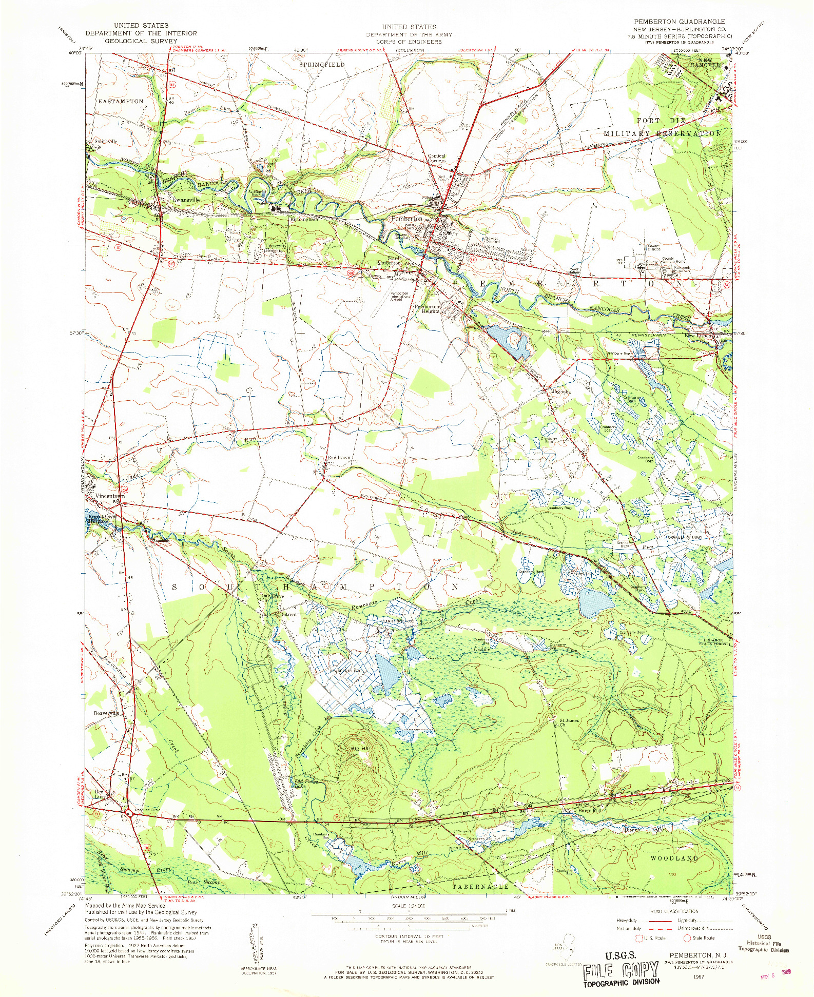 USGS 1:24000-SCALE QUADRANGLE FOR PEMBERTON, NJ 1957