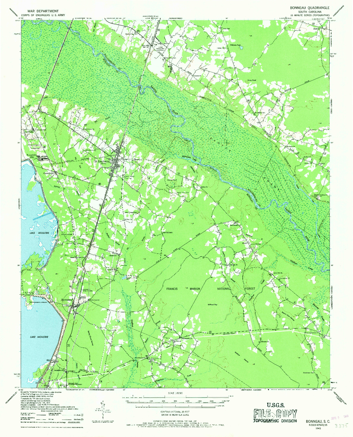 USGS 1:62500-SCALE QUADRANGLE FOR BONNEAU, SC 1943