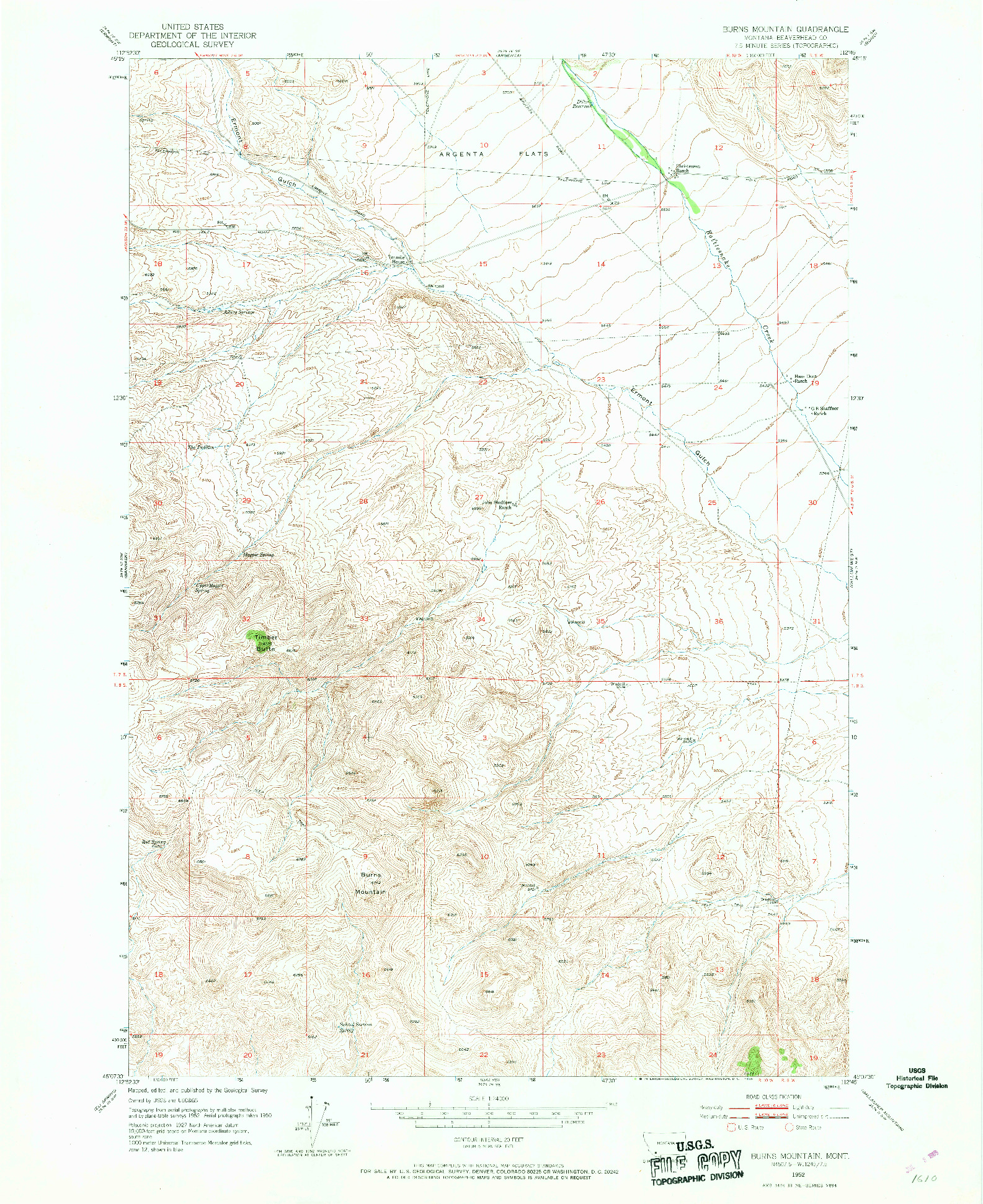 USGS 1:24000-SCALE QUADRANGLE FOR BURNS MOUNTAIN, MT 1952