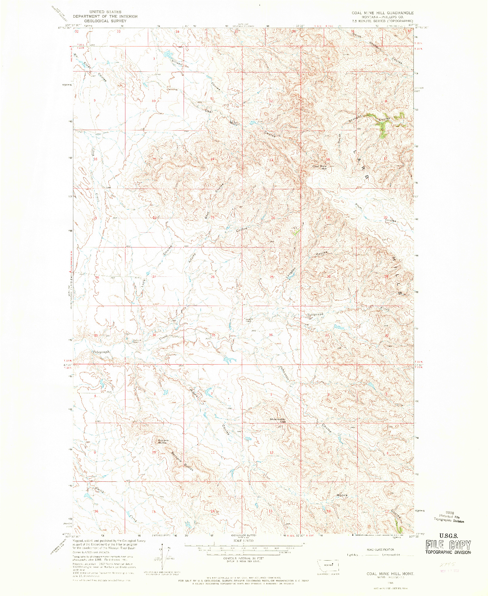 USGS 1:24000-SCALE QUADRANGLE FOR COAL MINE HILL, MT 1965