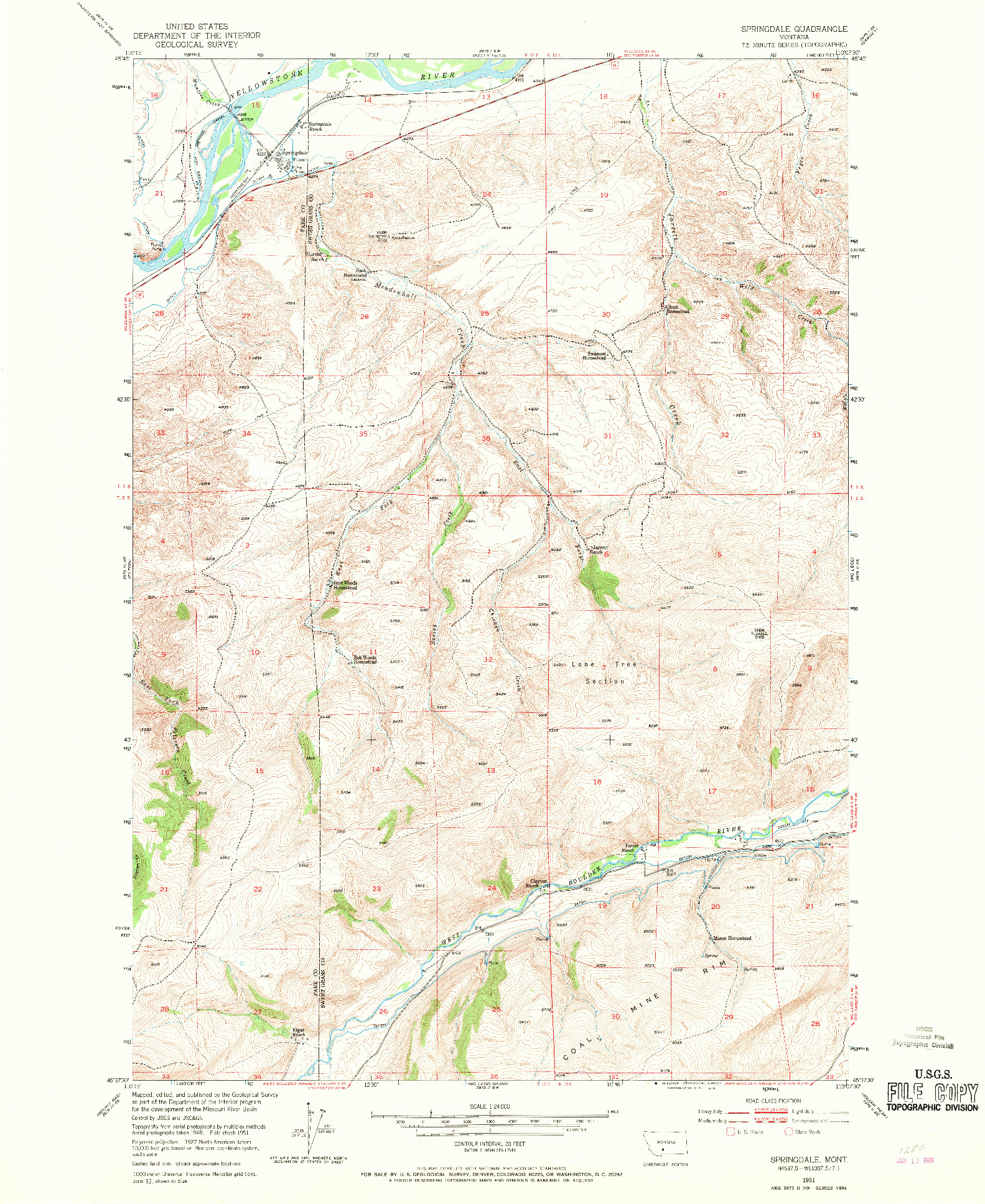 USGS 1:24000-SCALE QUADRANGLE FOR SPRINGDALE, MT 1951