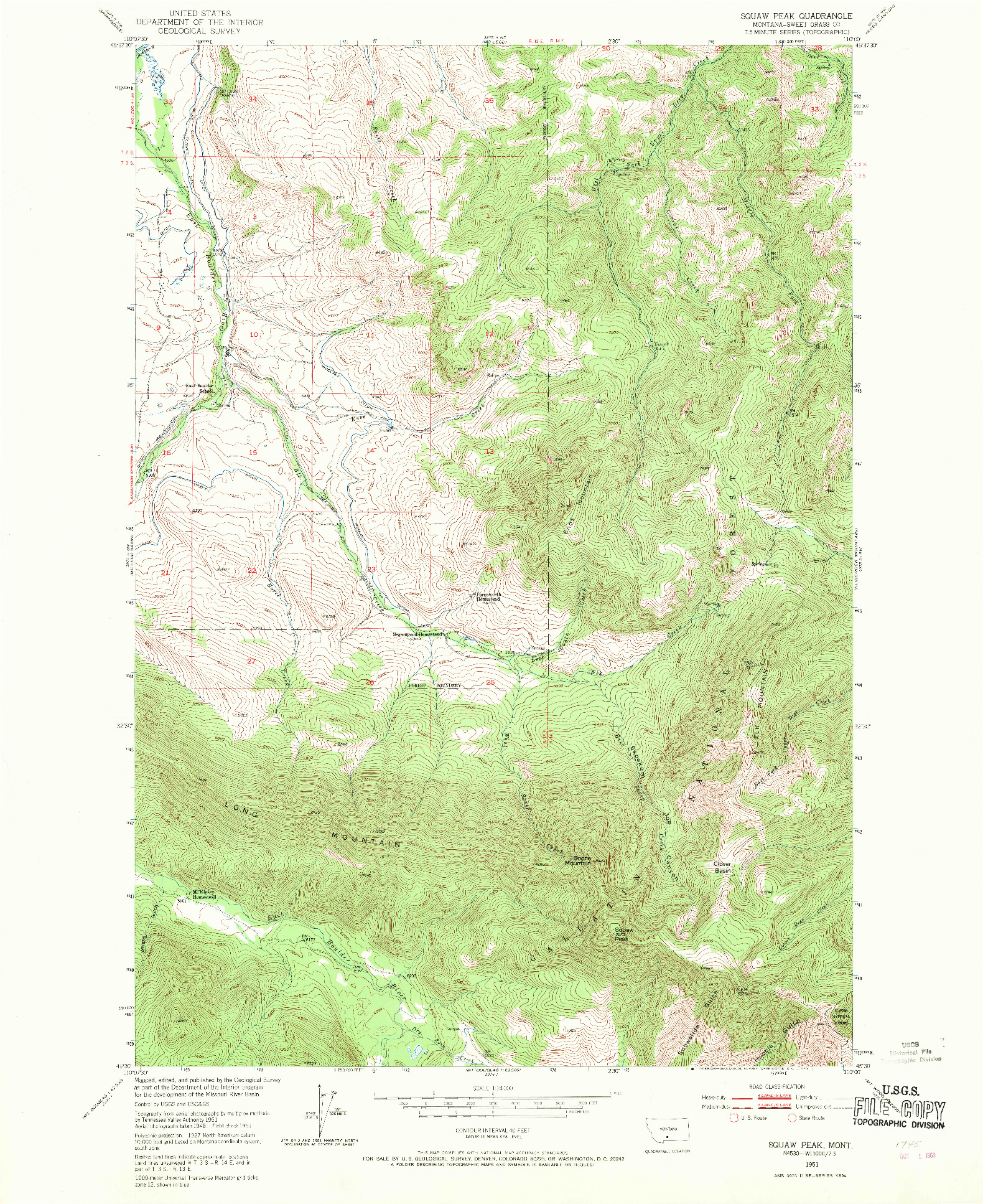 USGS 1:24000-SCALE QUADRANGLE FOR SQUAW PEAK, MT 1951