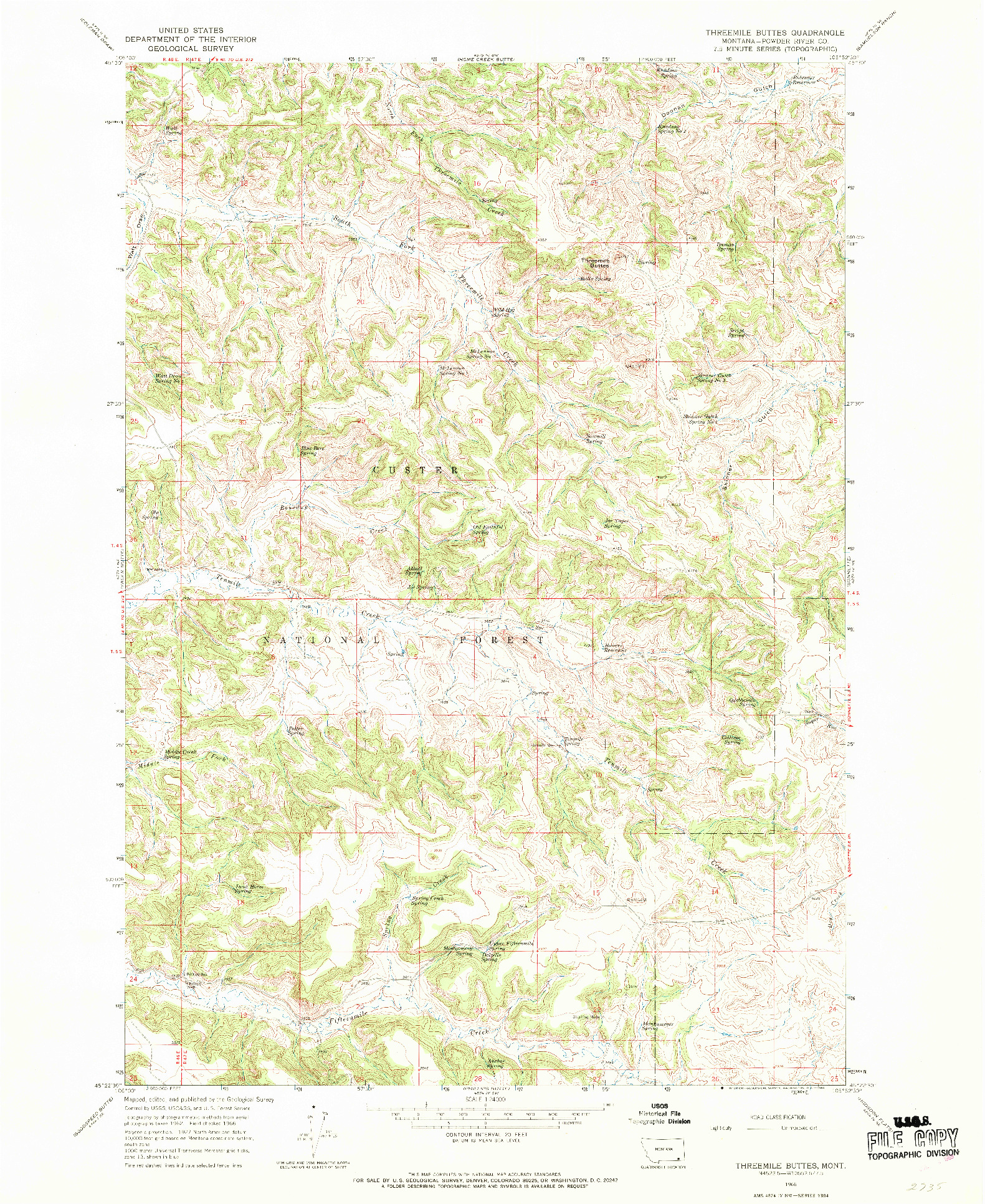 USGS 1:24000-SCALE QUADRANGLE FOR THREEMILE BUTTES, MT 1966