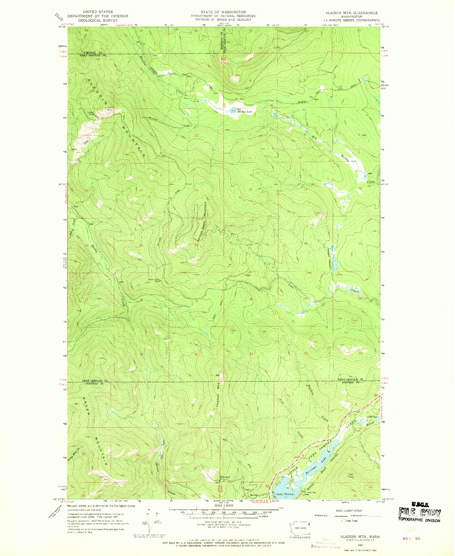 USGS 1:24000-SCALE QUADRANGLE FOR ALADDIN MTN, WA 1967