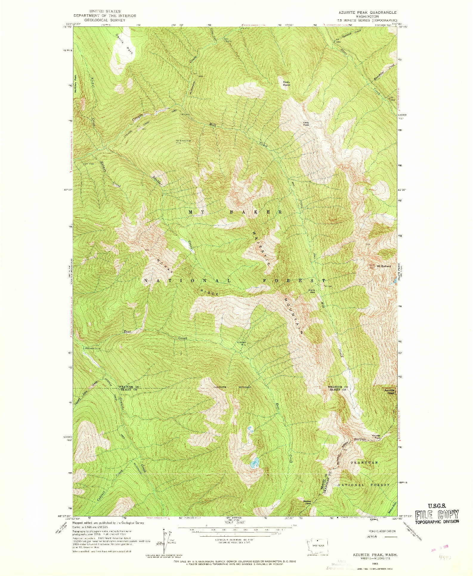 USGS 1:24000-SCALE QUADRANGLE FOR AZURITE PEAK, WA 1963
