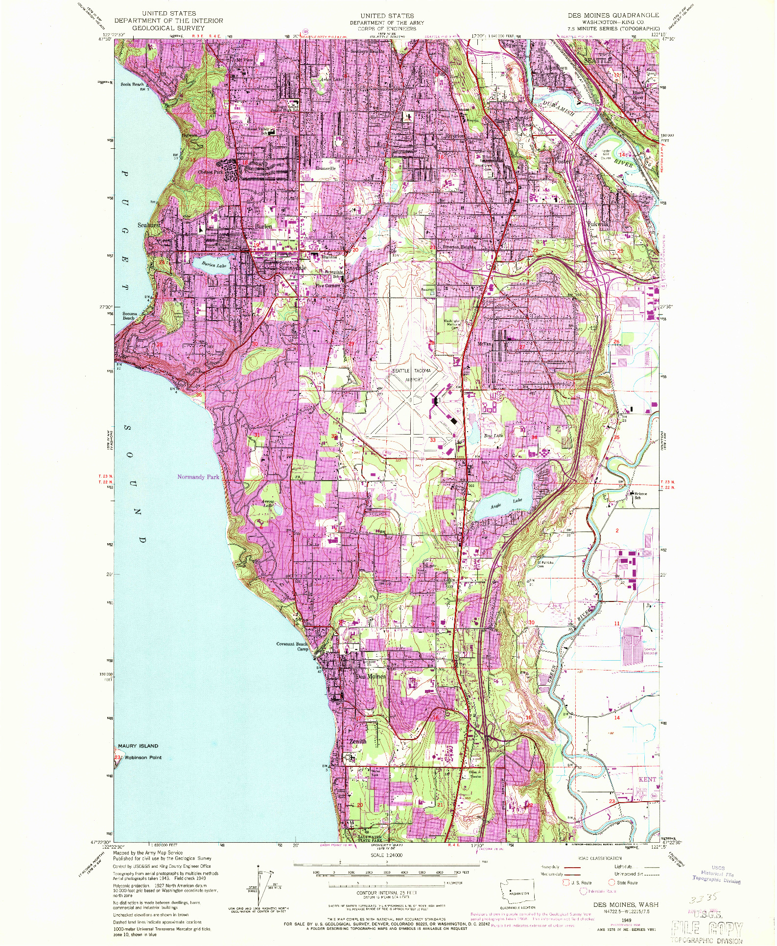 USGS 1:24000-SCALE QUADRANGLE FOR DES MOINES, WA 1949