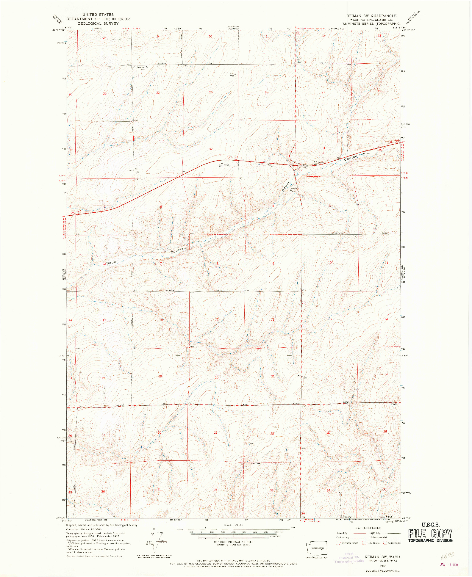 USGS 1:24000-SCALE QUADRANGLE FOR REIMAN SW, WA 1967