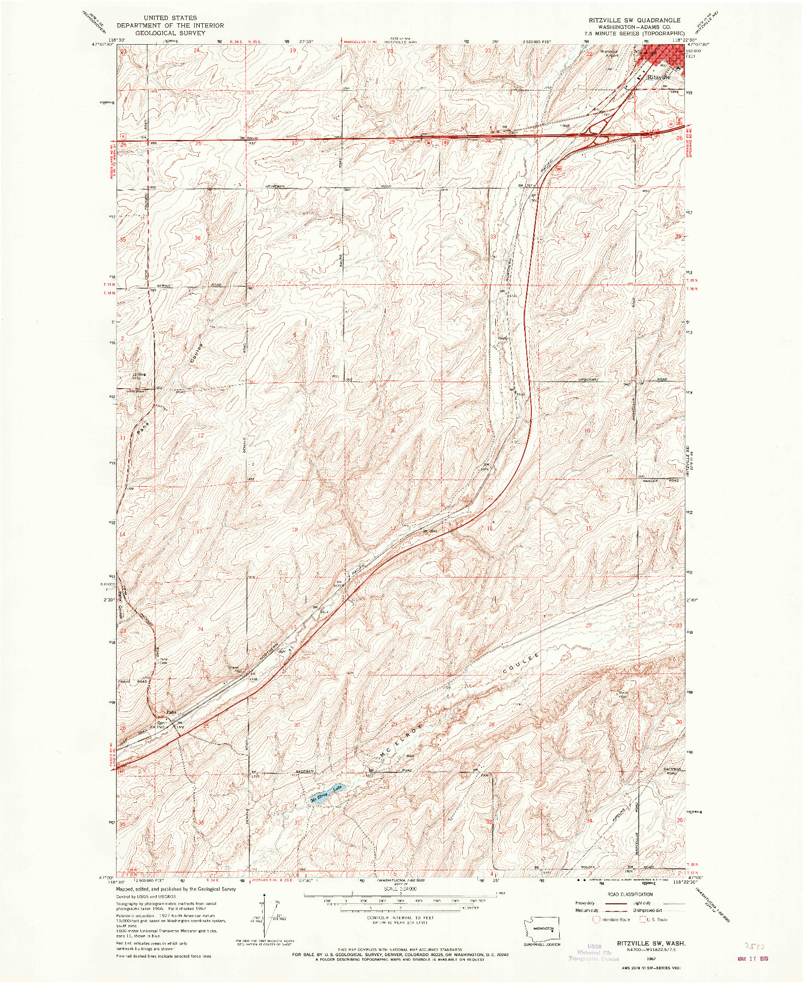 USGS 1:24000-SCALE QUADRANGLE FOR RITZVILLE SW, WA 1967