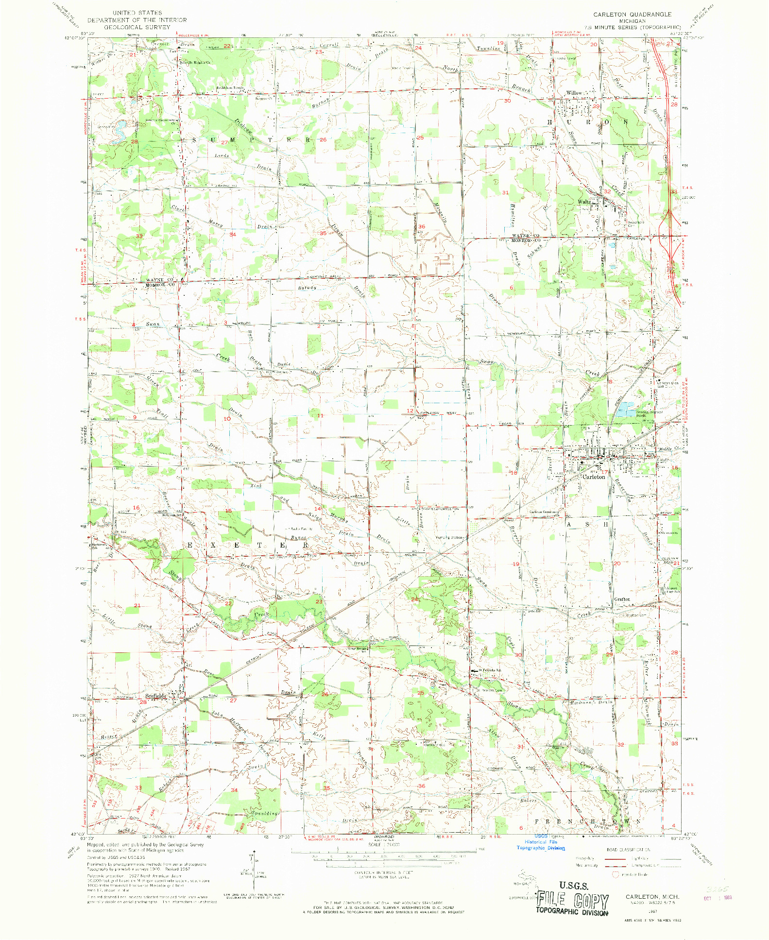 USGS 1:24000-SCALE QUADRANGLE FOR CARLETON, MI 1967