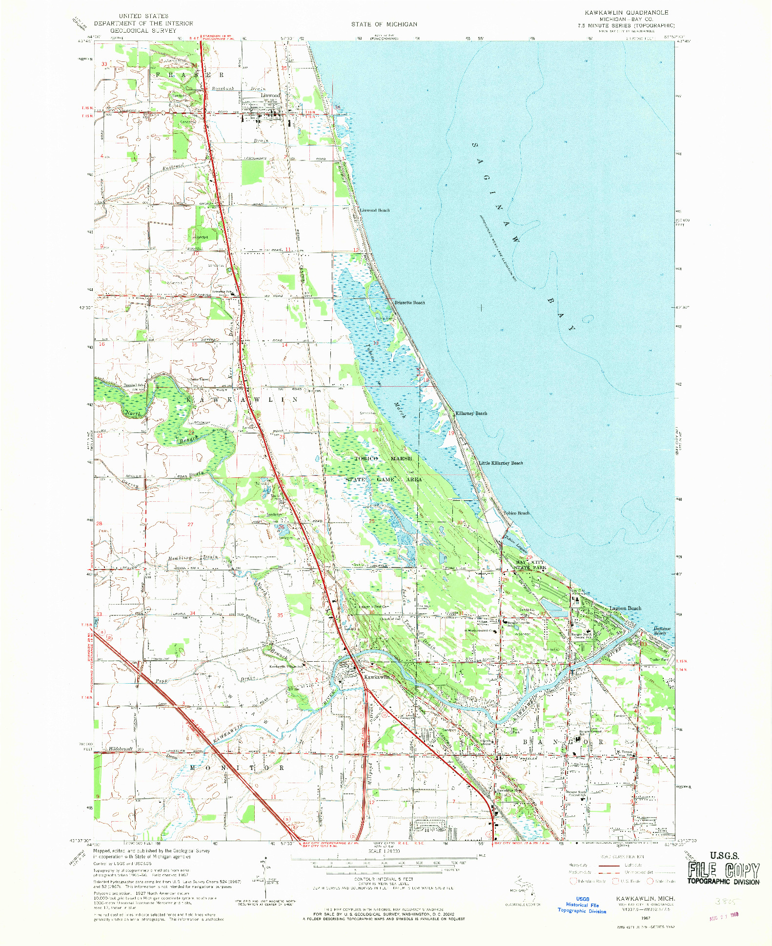 USGS 1:24000-SCALE QUADRANGLE FOR KAWKAWLIN, MI 1967
