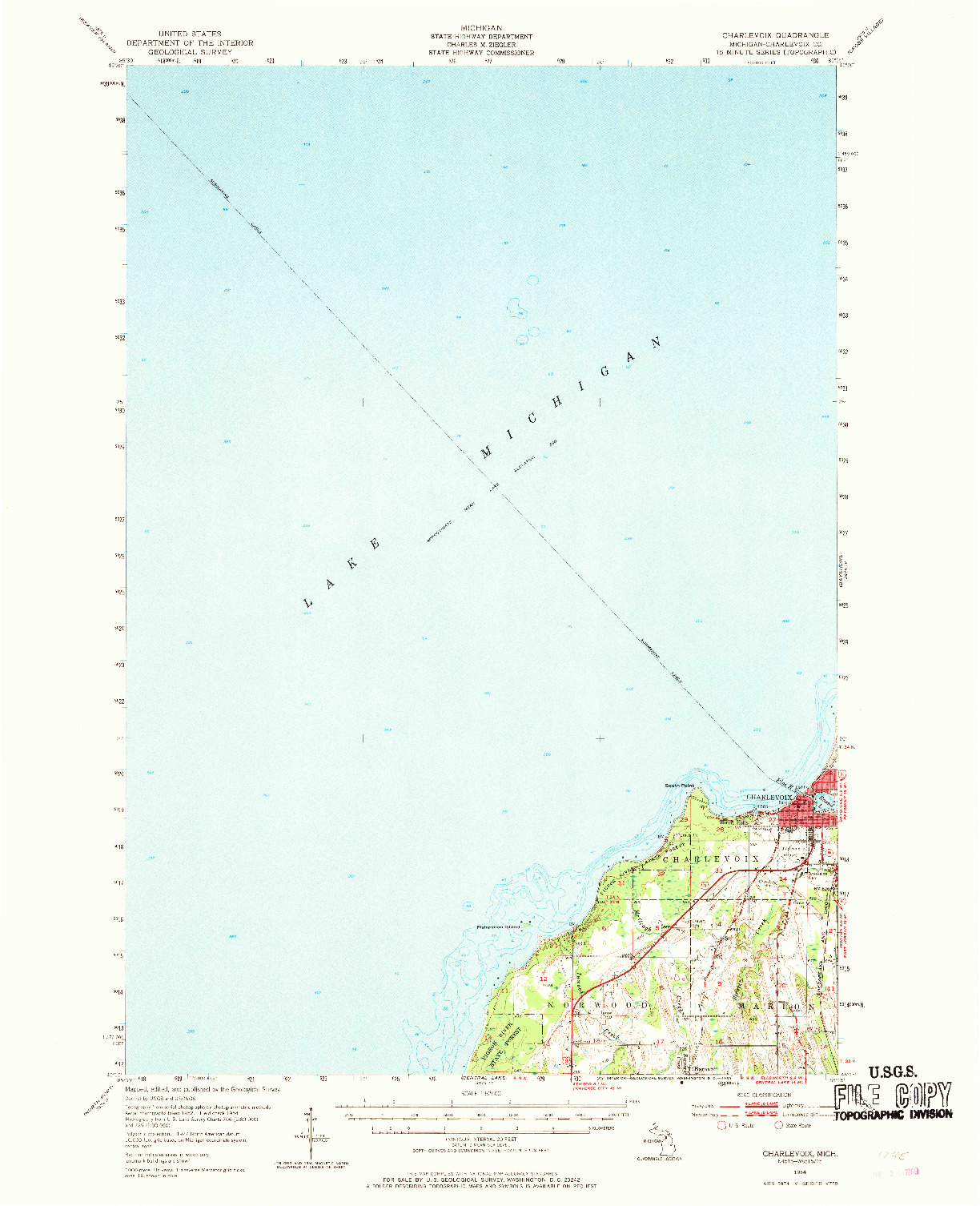 USGS 1:62500-SCALE QUADRANGLE FOR CHARLEVOIX, MI 1954