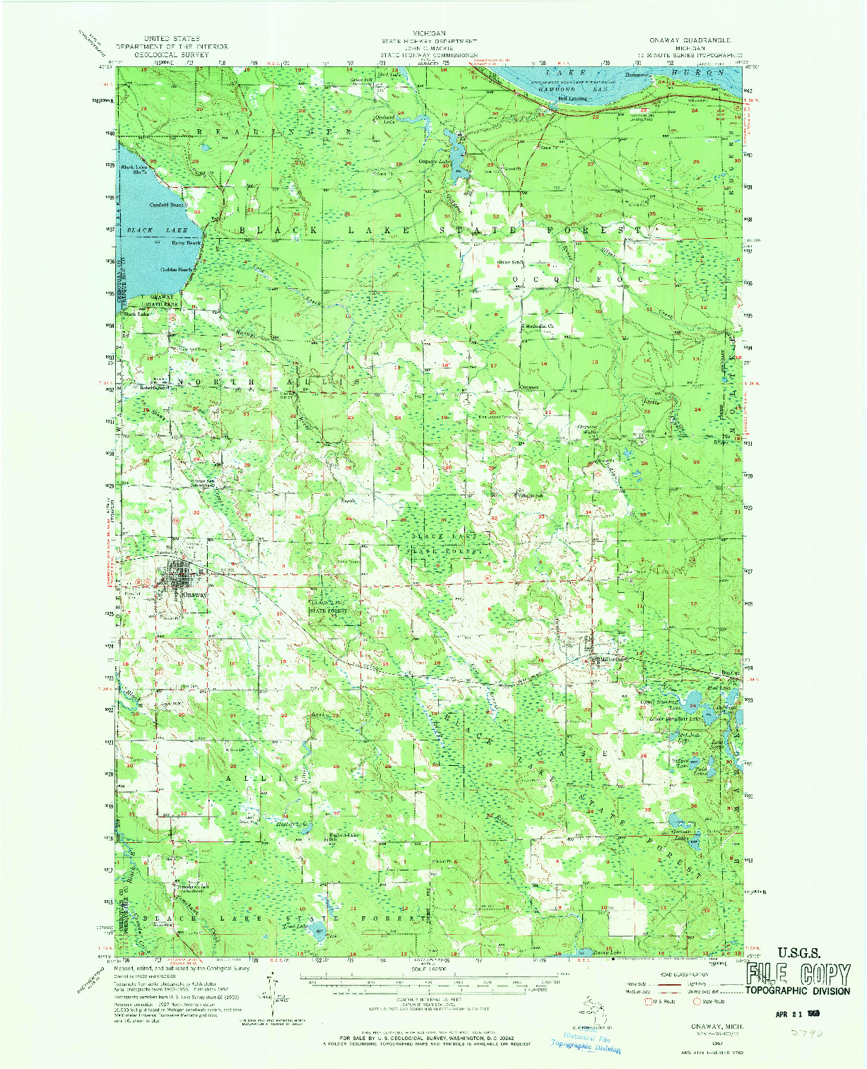 USGS 1:62500-SCALE QUADRANGLE FOR ONAWAY, MI 1957