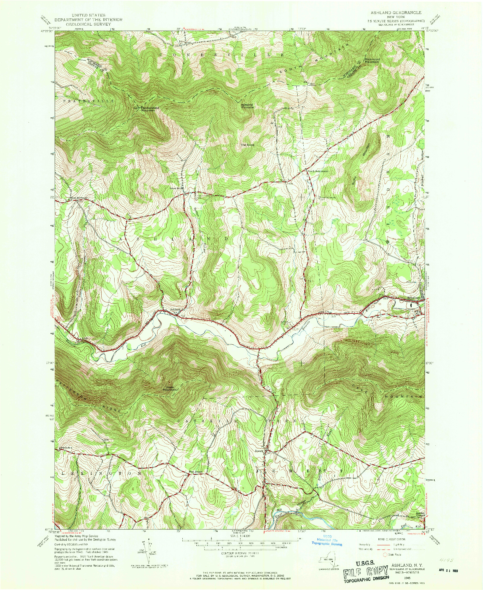 USGS 1:24000-SCALE QUADRANGLE FOR ASHLAND, NY 1945