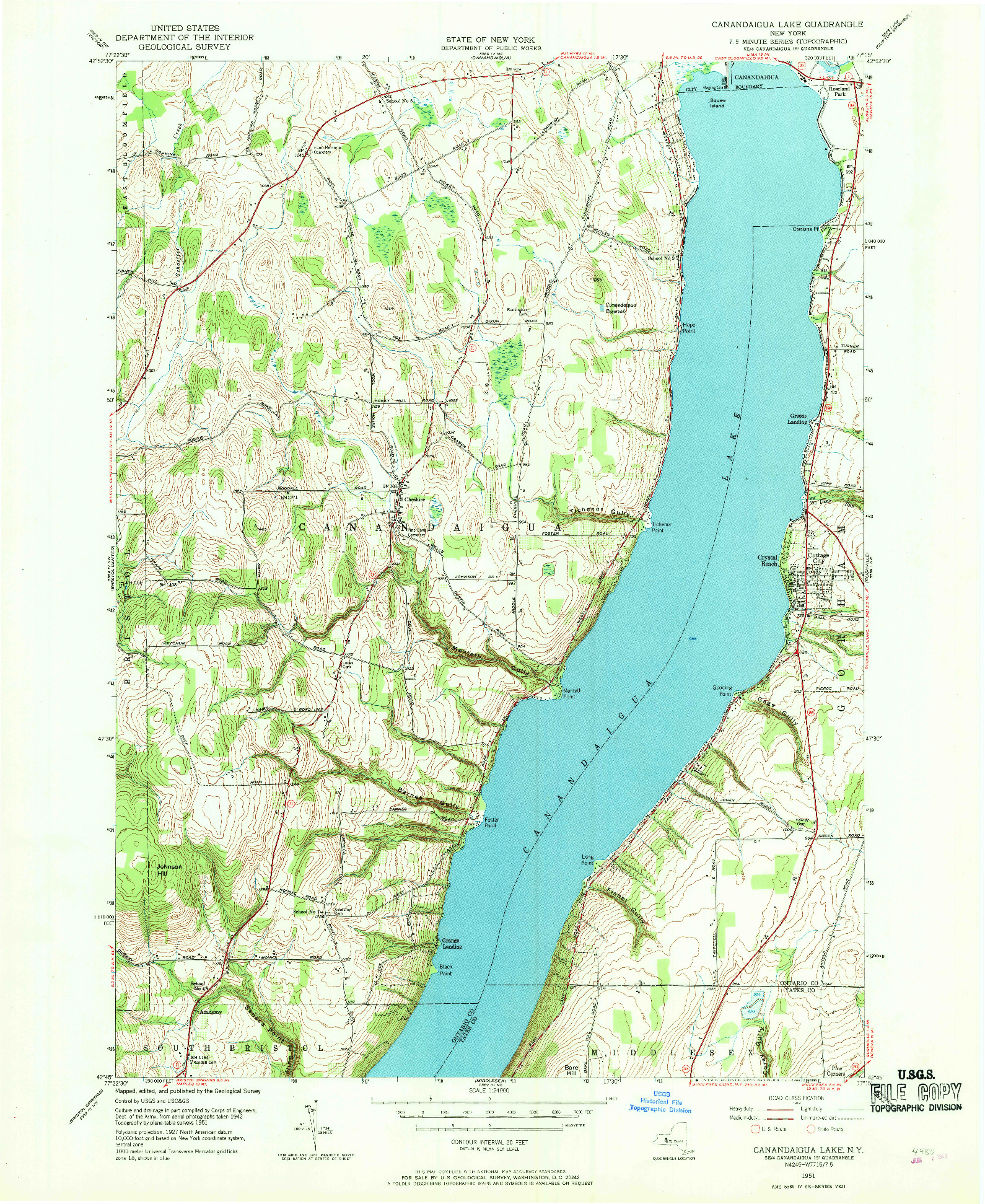 USGS 1:24000-SCALE QUADRANGLE FOR CANANDAIGUA LAKE, NY 1951