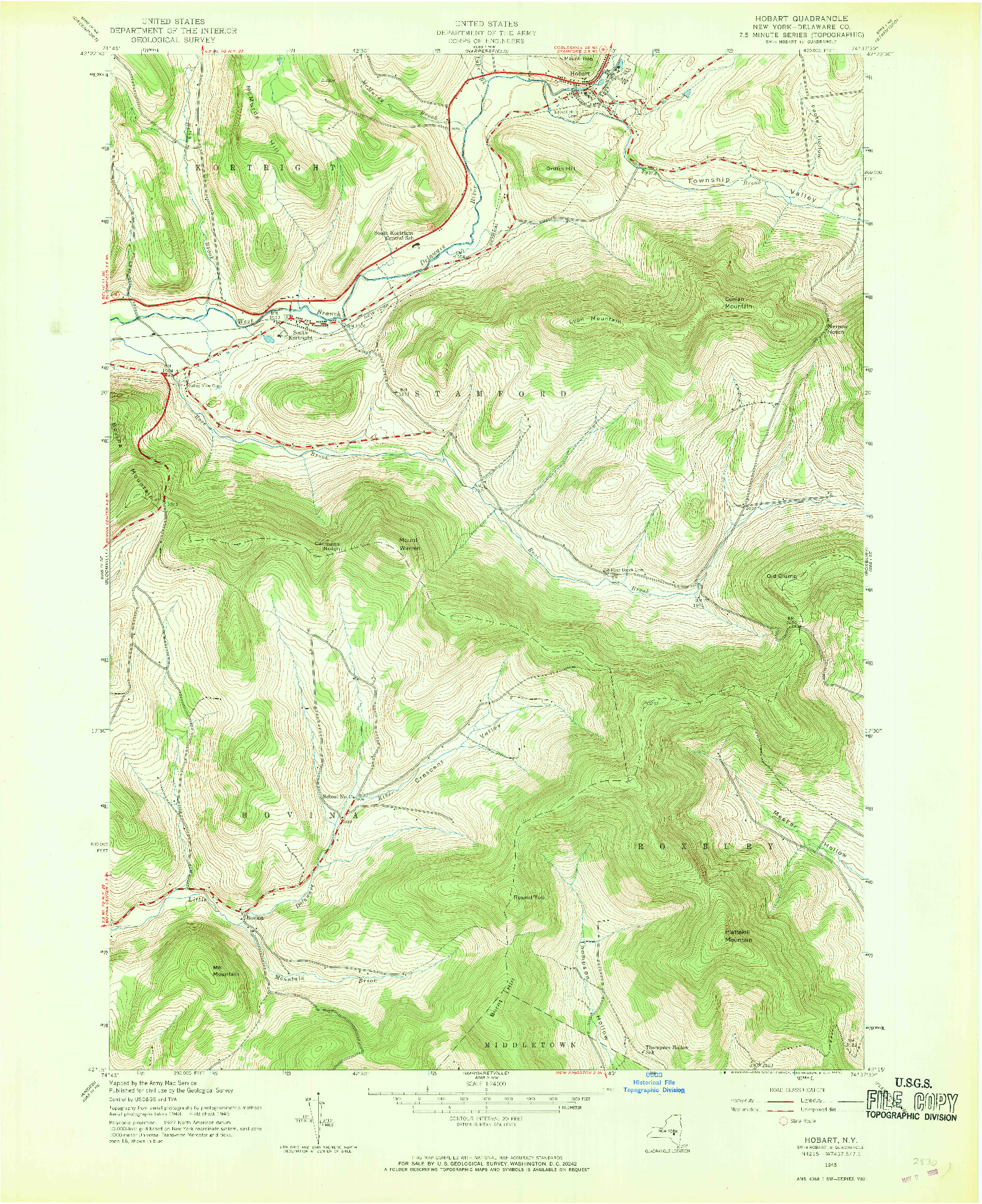 USGS 1:24000-SCALE QUADRANGLE FOR HOBART, NY 1945
