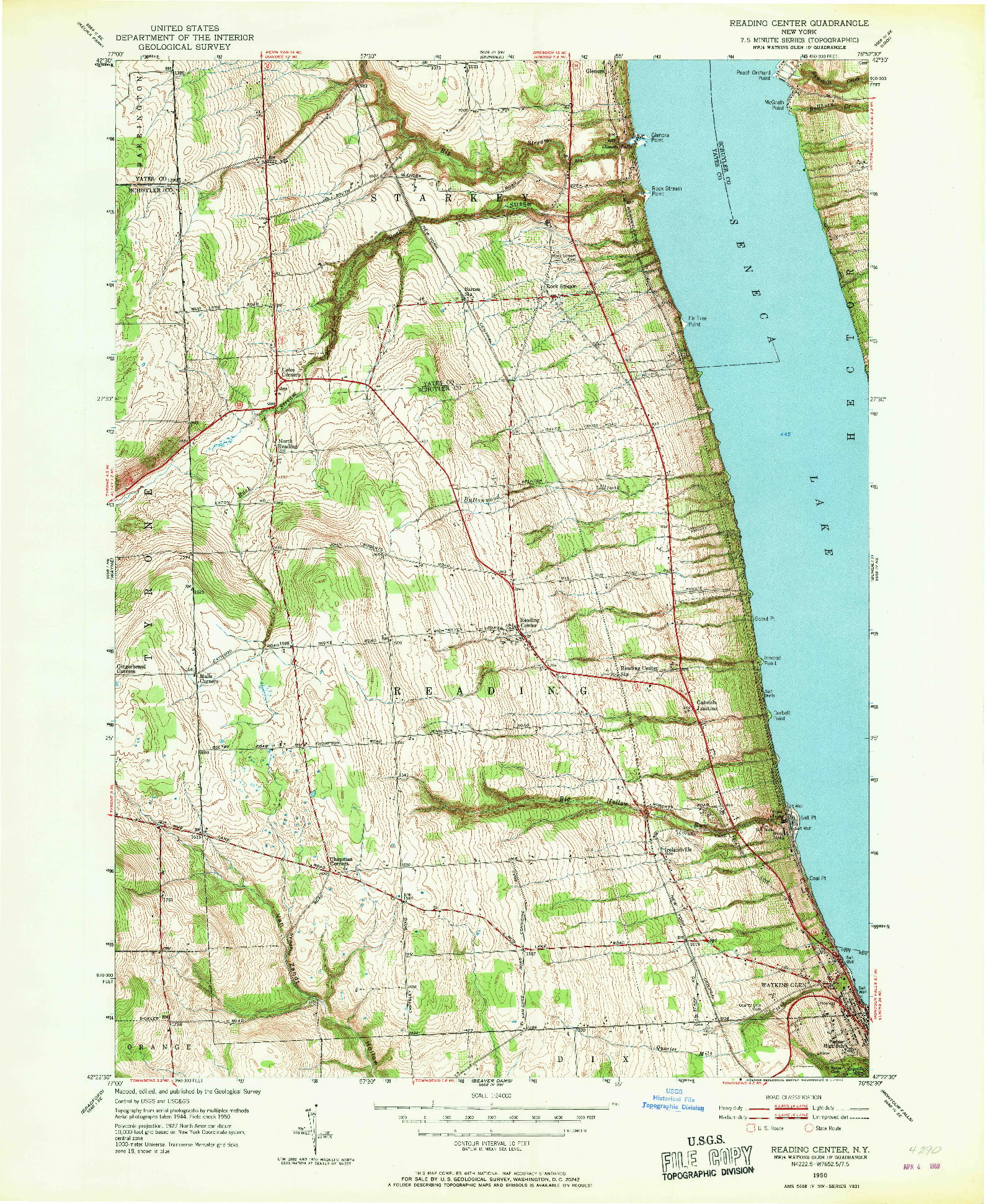 USGS 1:24000-SCALE QUADRANGLE FOR READING CENTER, NY 1950