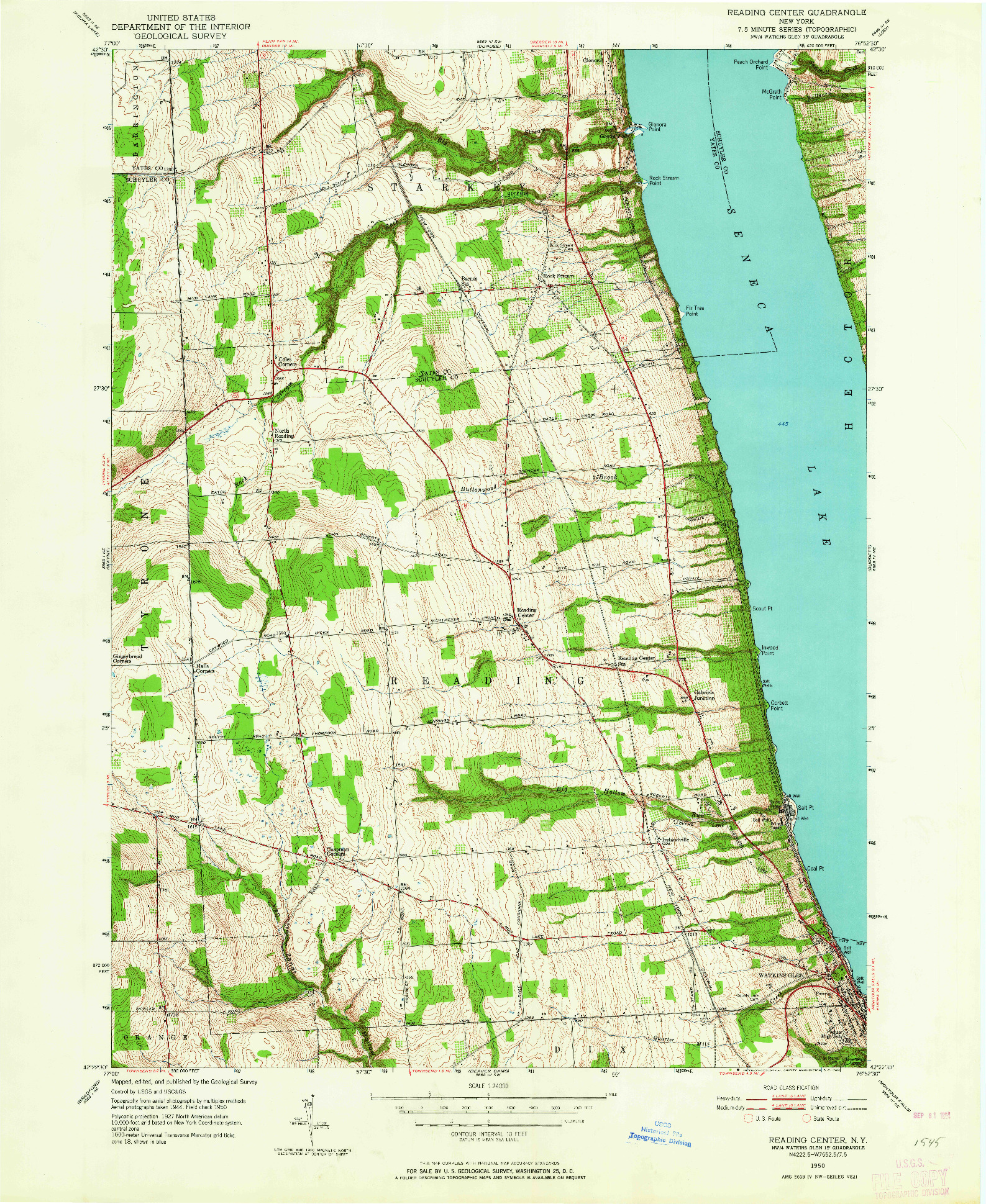 USGS 1:24000-SCALE QUADRANGLE FOR READING CENTER, NY 1950