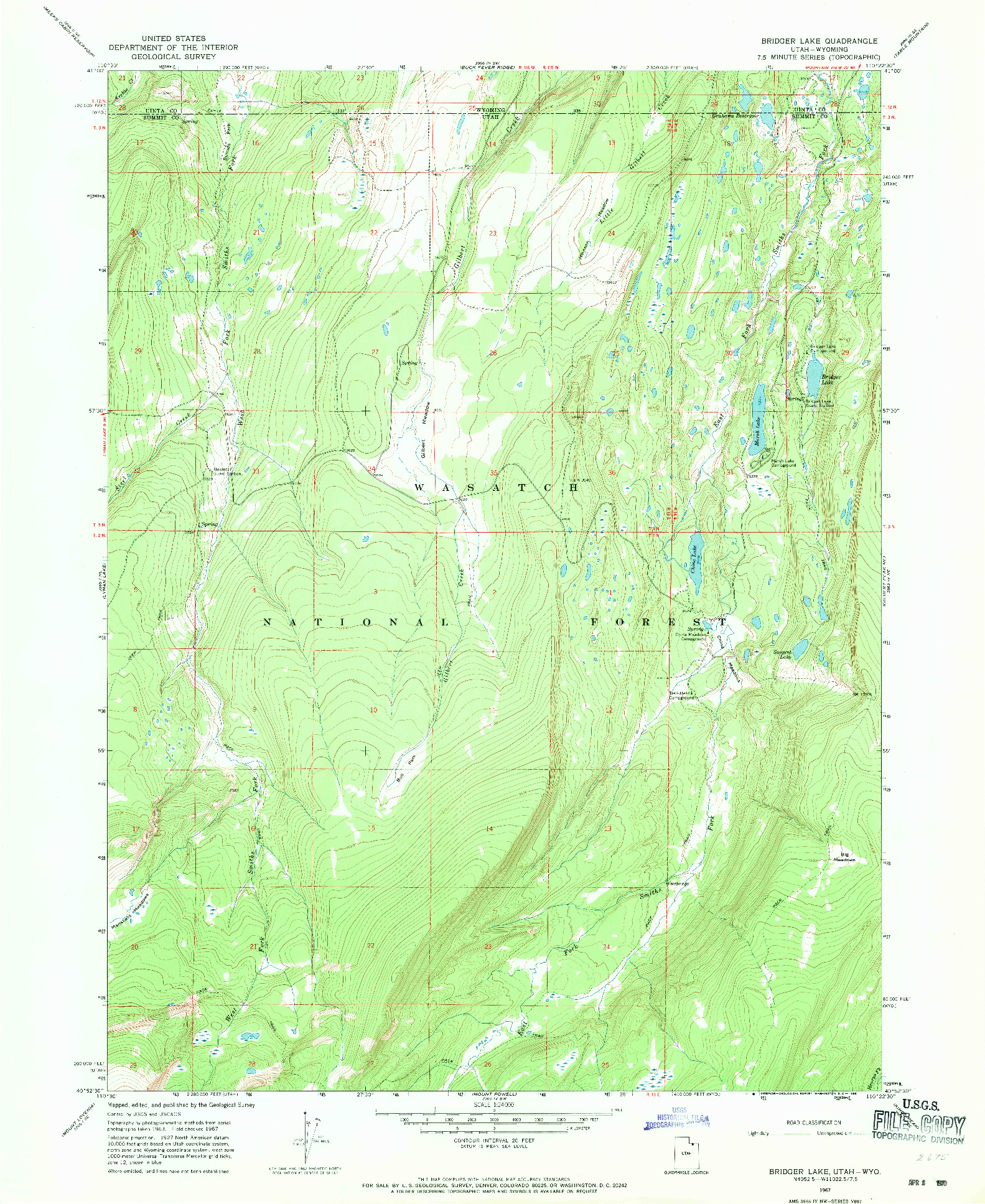 USGS 1:24000-SCALE QUADRANGLE FOR BRIDGER LAKE, UT 1967
