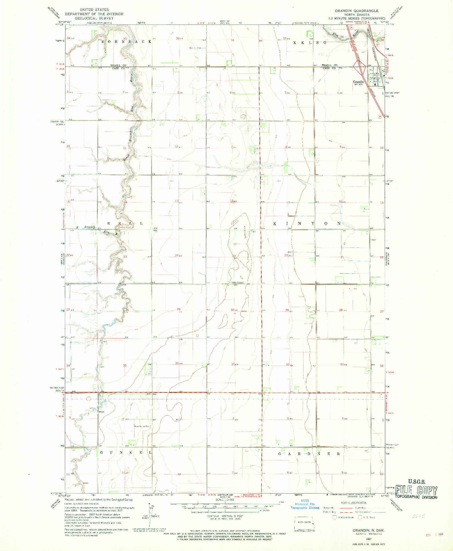 USGS 1:24000-SCALE QUADRANGLE FOR GRANDIN, ND 1967