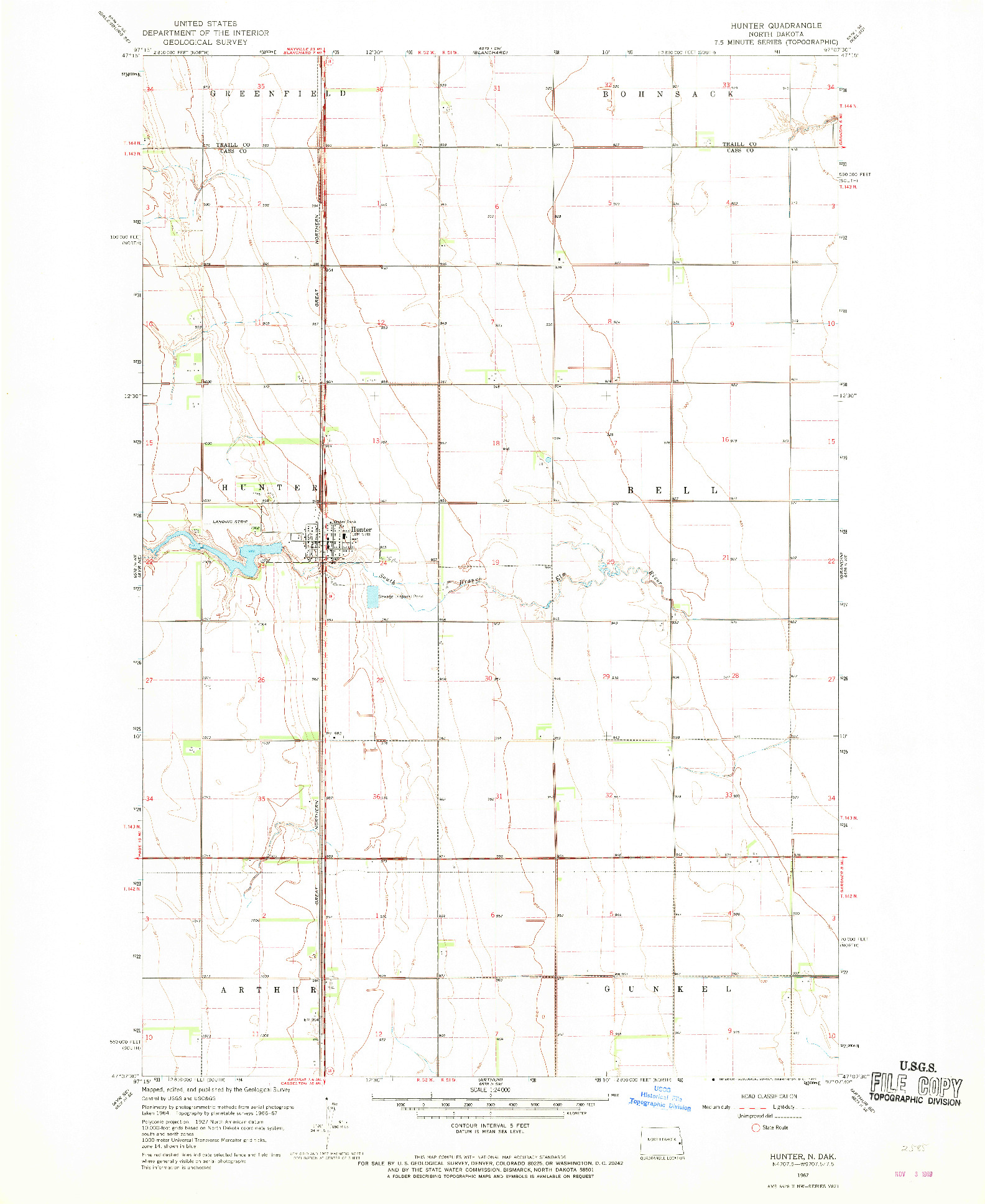 USGS 1:24000-SCALE QUADRANGLE FOR HUNTER, ND 1967