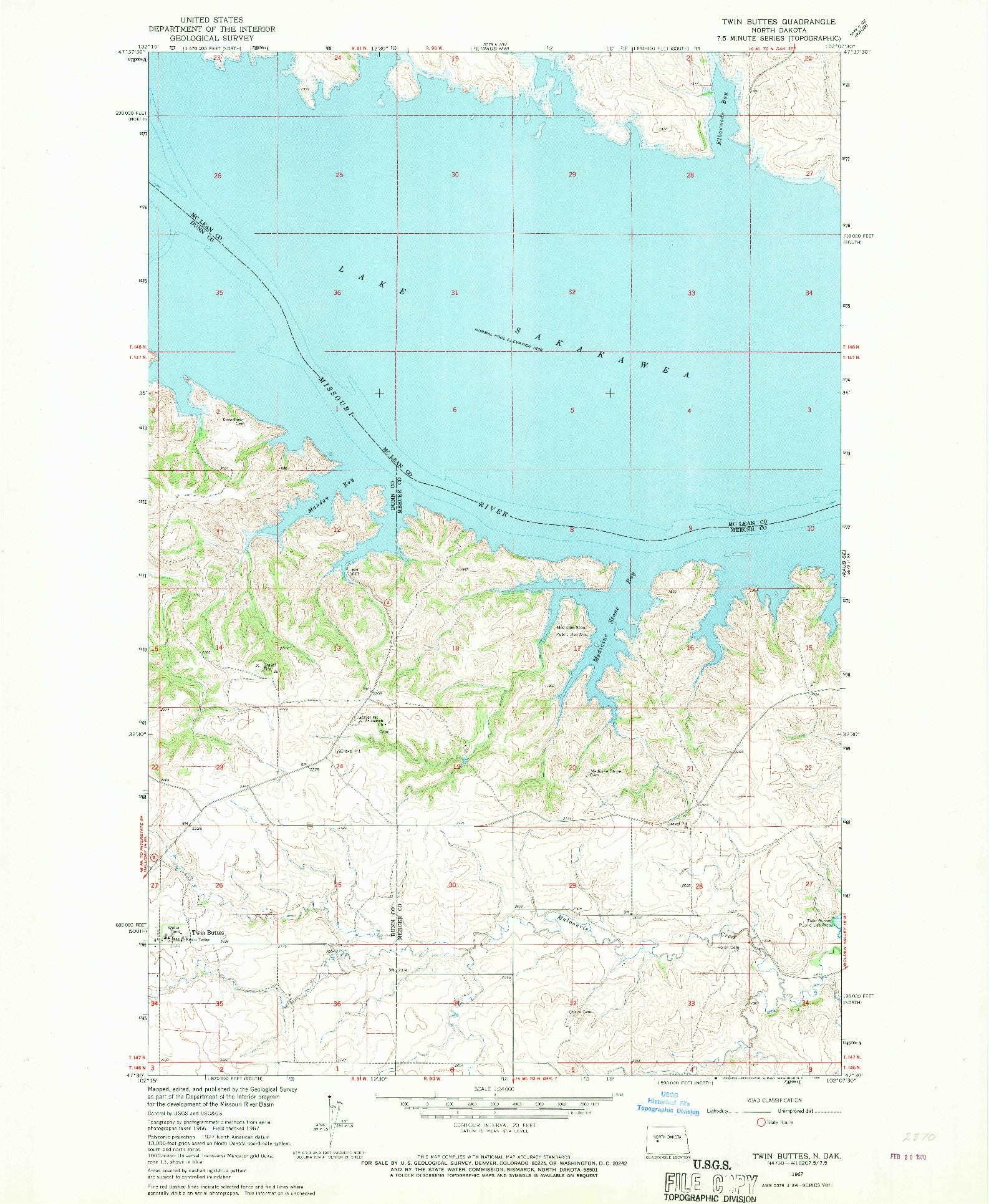 USGS 1:24000-SCALE QUADRANGLE FOR TWIN BUTTES, ND 1967