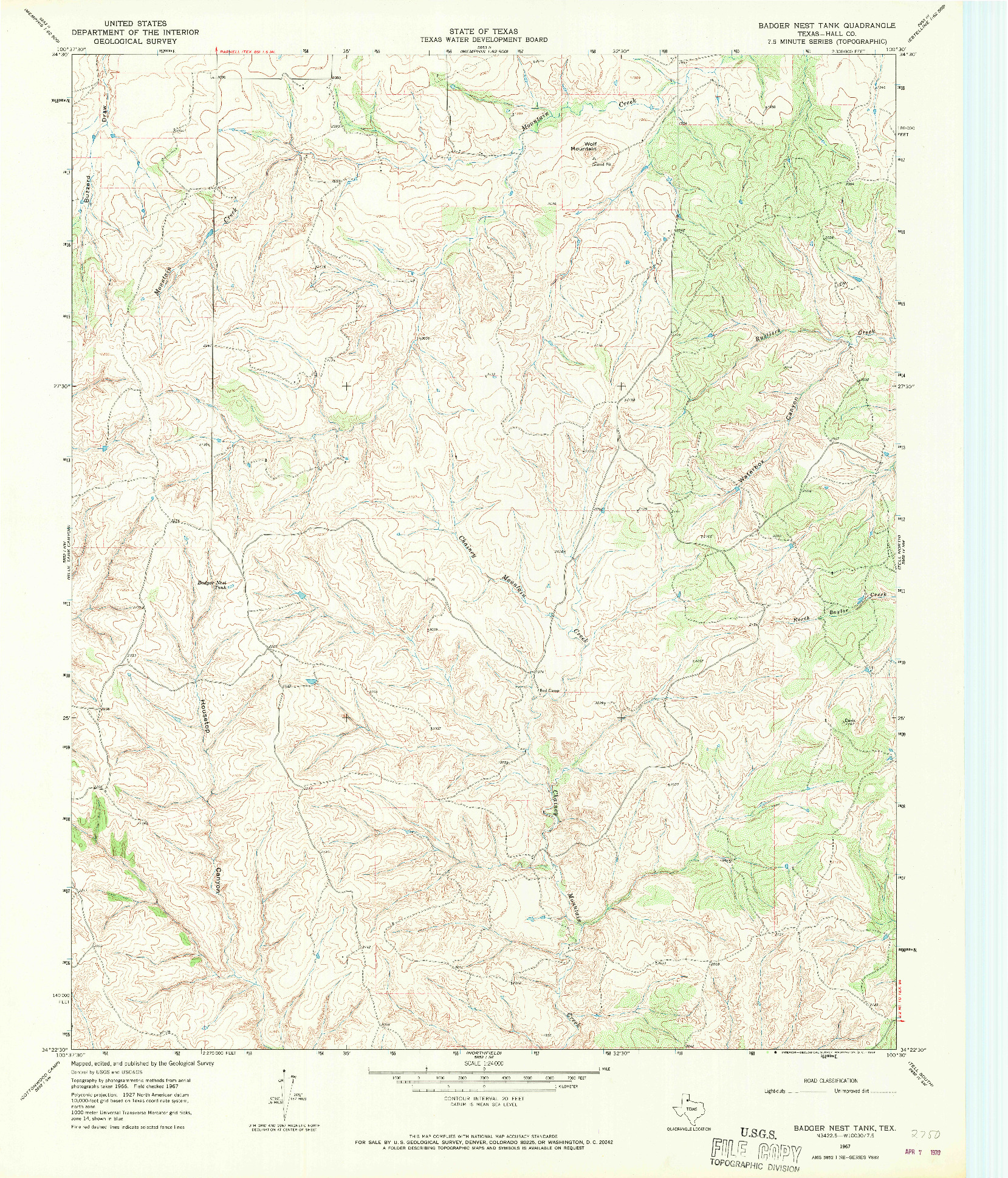 USGS 1:24000-SCALE QUADRANGLE FOR BADGER NEST TANK, TX 1967