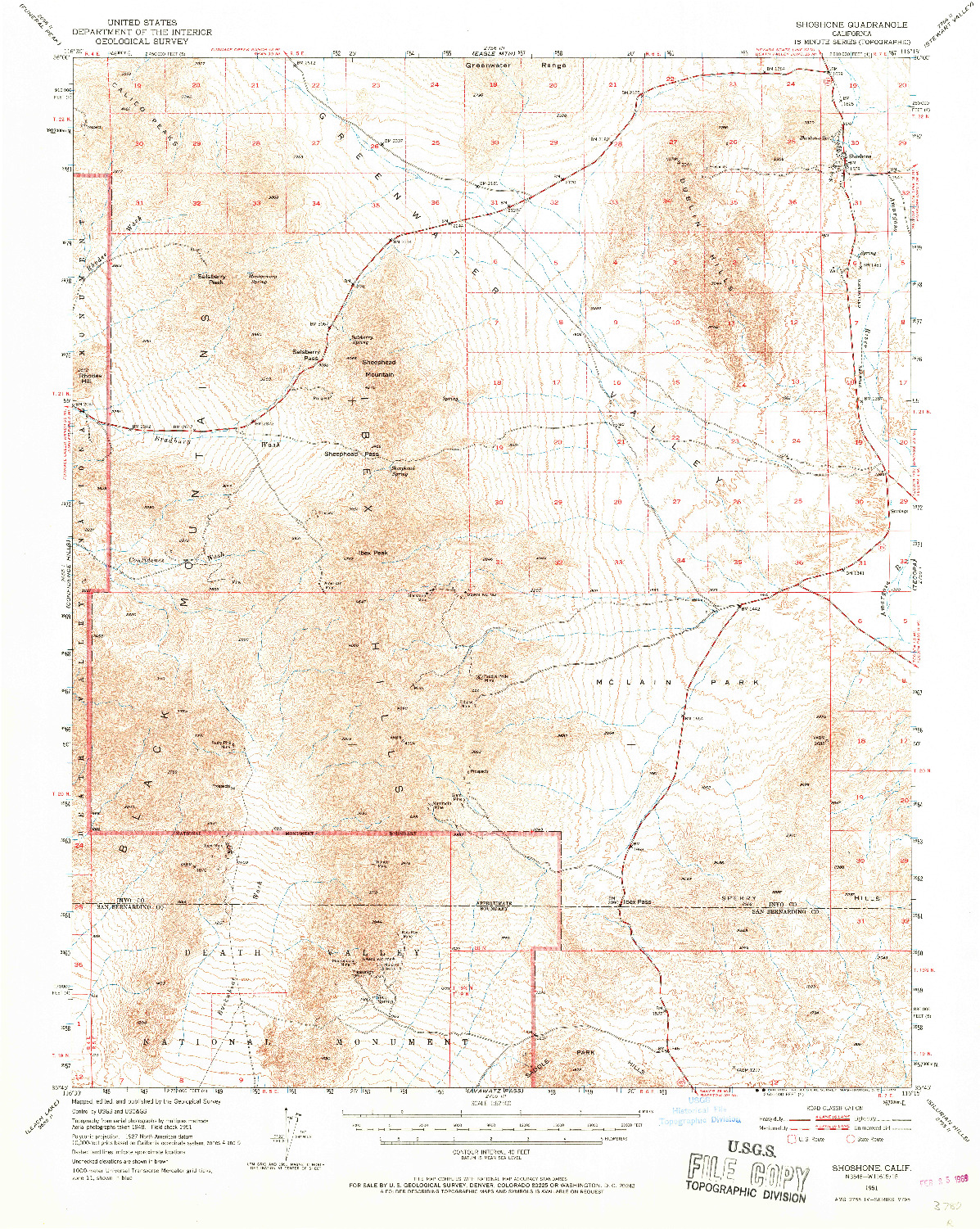 USGS 1:62500-SCALE QUADRANGLE FOR SHOSHONE, CA 1951