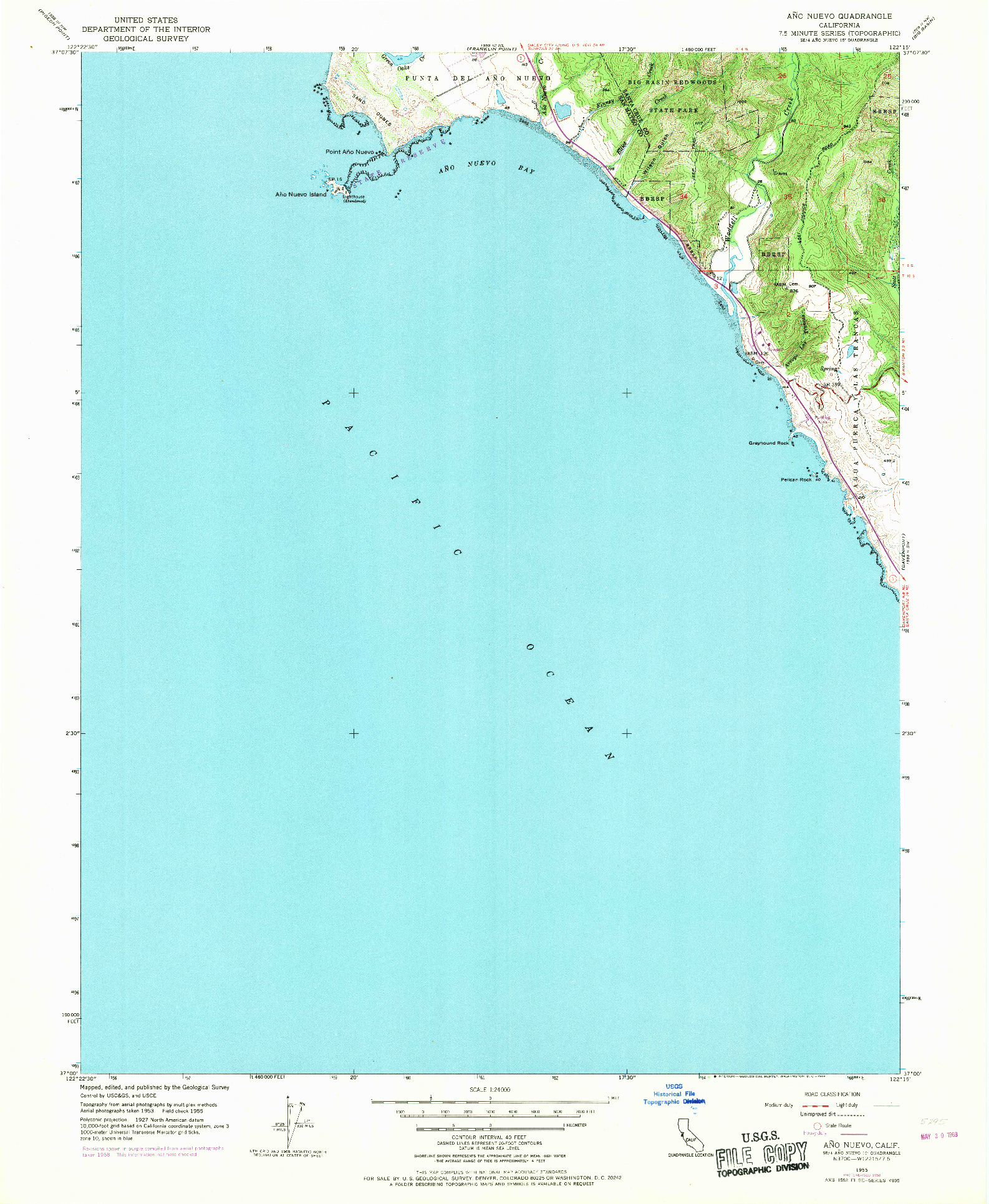 USGS 1:24000-SCALE QUADRANGLE FOR ANO NUEVO, CA 1955