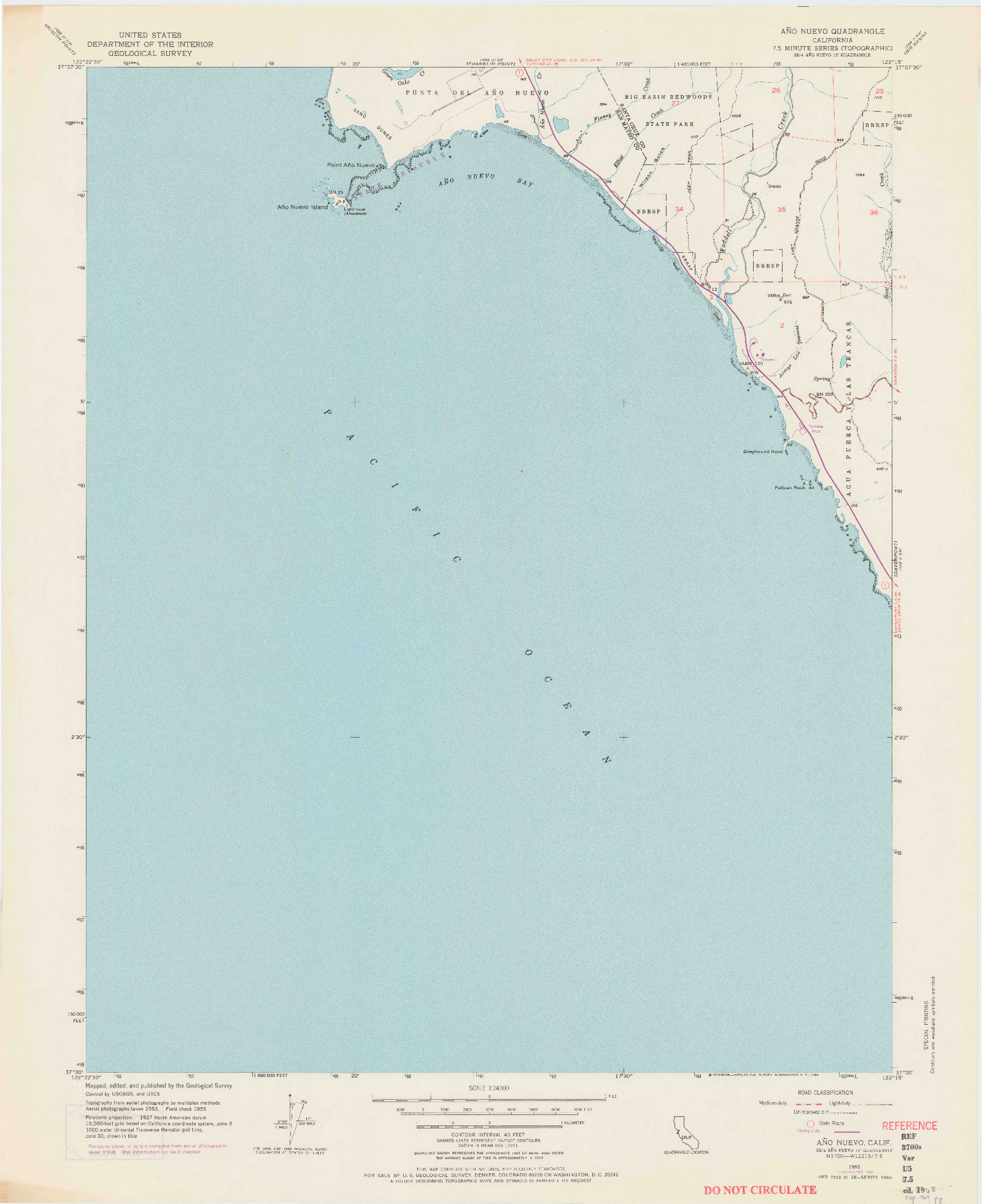 USGS 1:24000-SCALE QUADRANGLE FOR ANO NUEVO, CA 1955