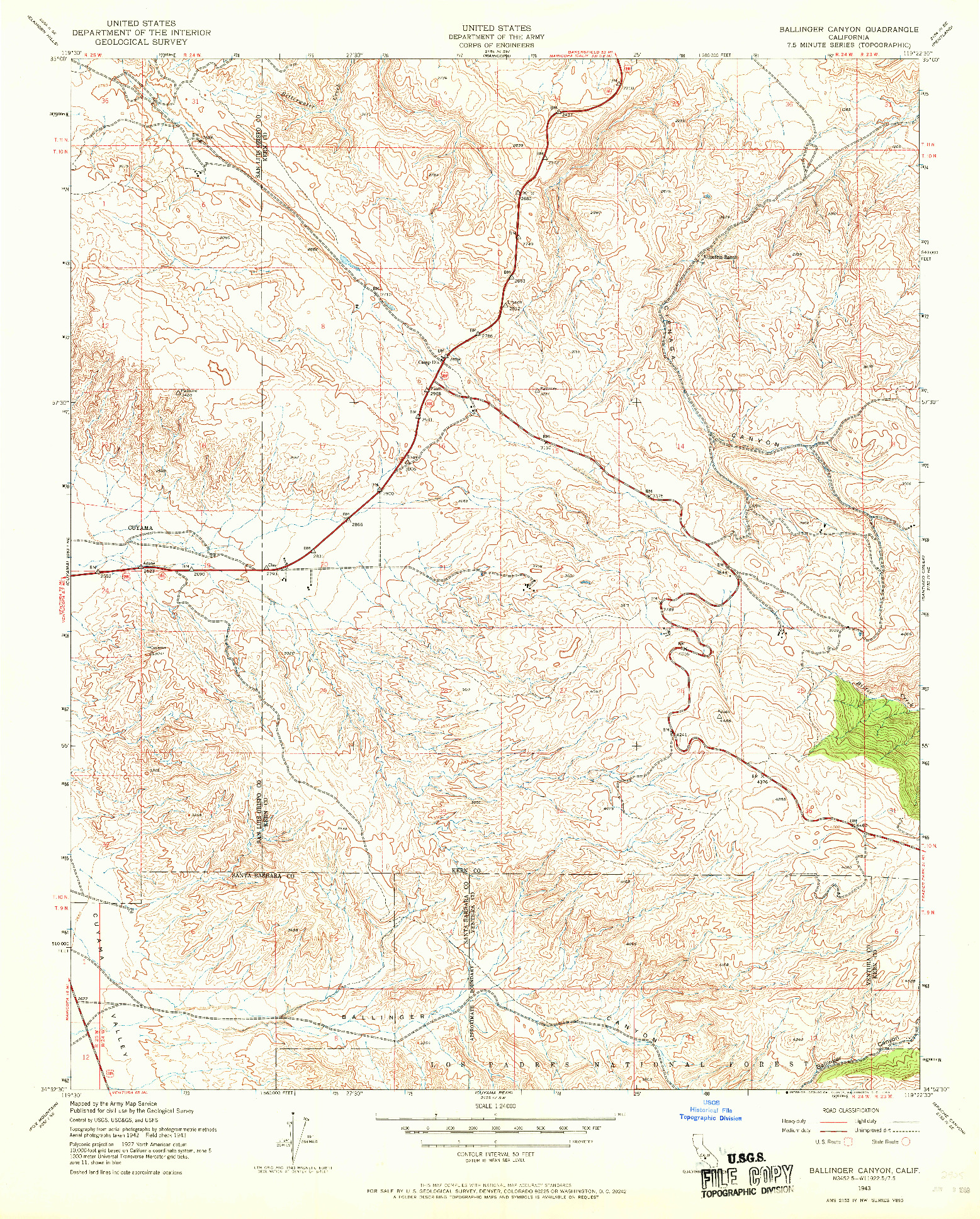 USGS 1:24000-SCALE QUADRANGLE FOR BALLINGER CANYON, CA 1943