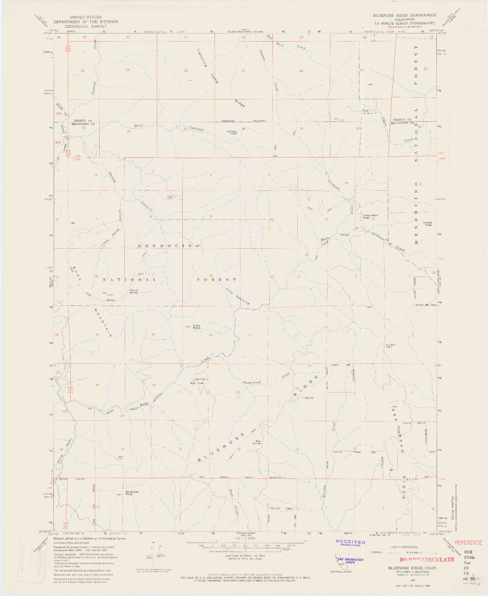 USGS 1:24000-SCALE QUADRANGLE FOR BLUENOSE RIDGE, CA 1967