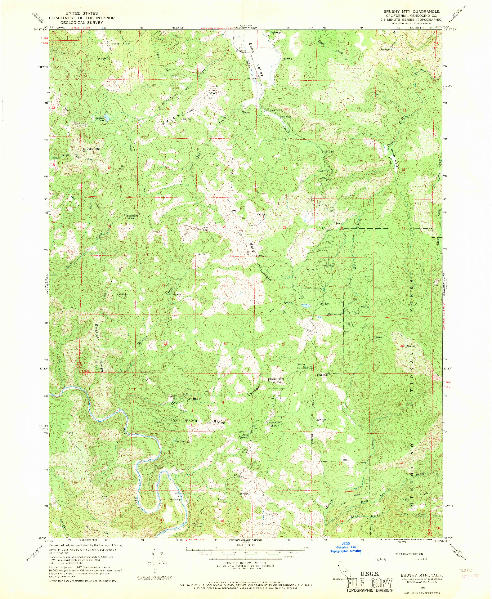 USGS 1:24000-SCALE QUADRANGLE FOR BRUSHY MTN, CA 1966