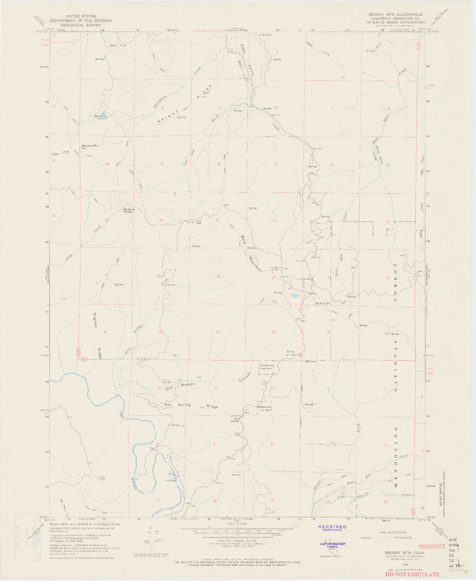 USGS 1:24000-SCALE QUADRANGLE FOR BRUSHY MTN, CA 1966