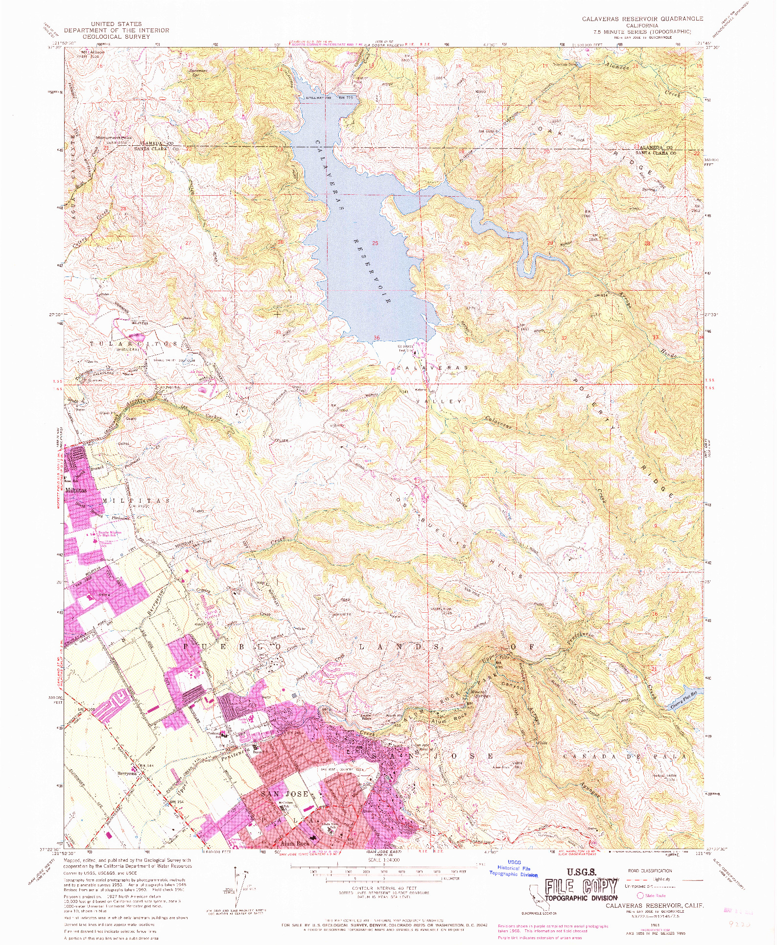 USGS 1:24000-SCALE QUADRANGLE FOR CALAVERAS RESERVOIR, CA 1961