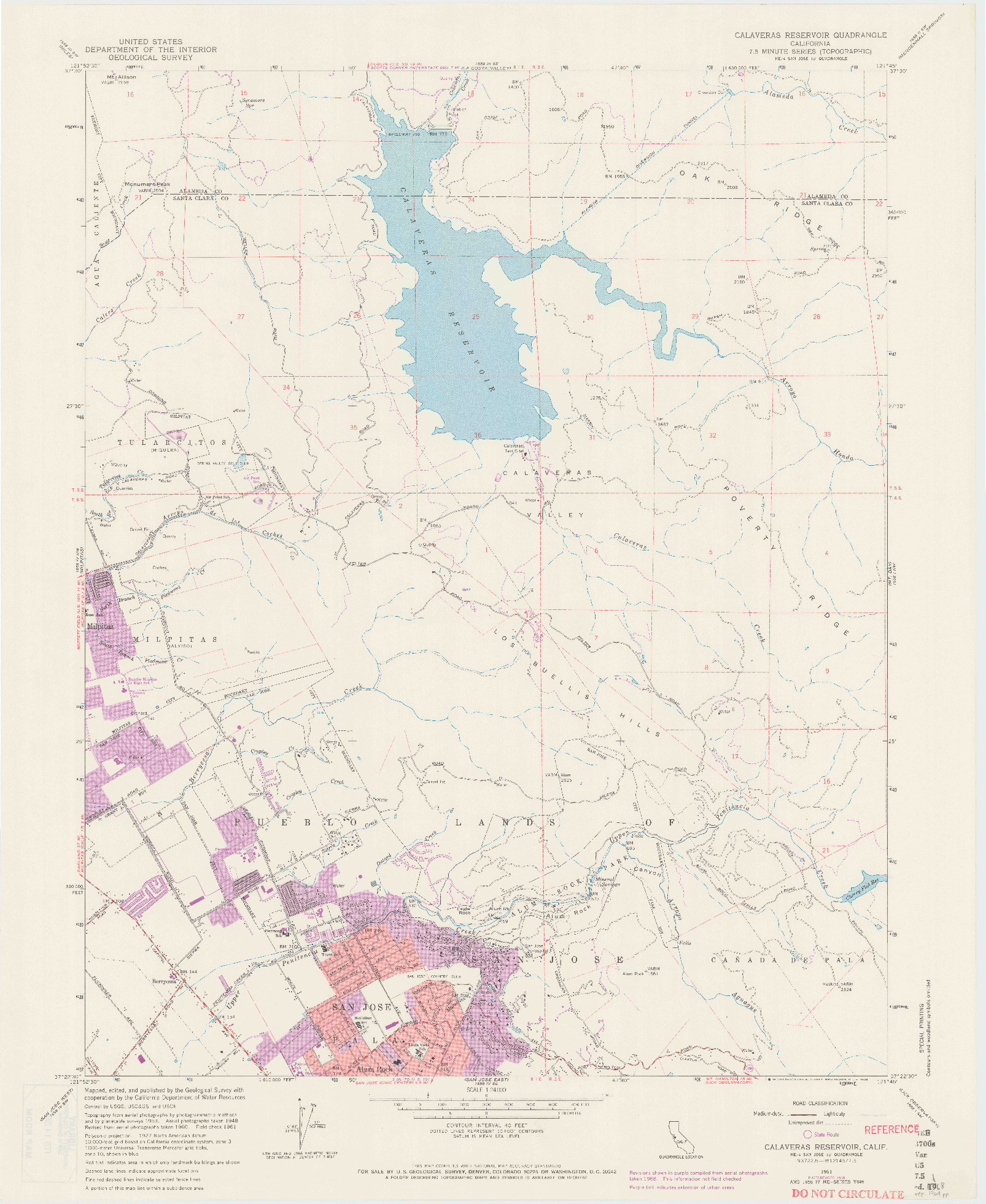 USGS 1:24000-SCALE QUADRANGLE FOR CALAVERAS RESERVOIR, CA 1961