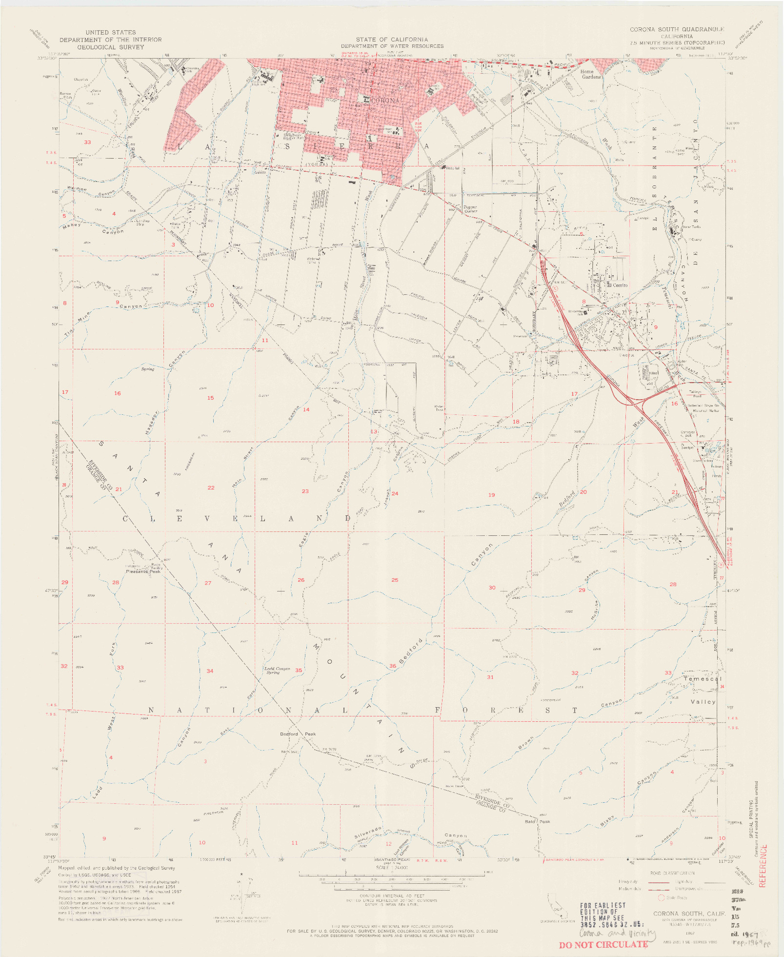 USGS 1:24000-SCALE QUADRANGLE FOR CORONA SOUTH, CA 1967