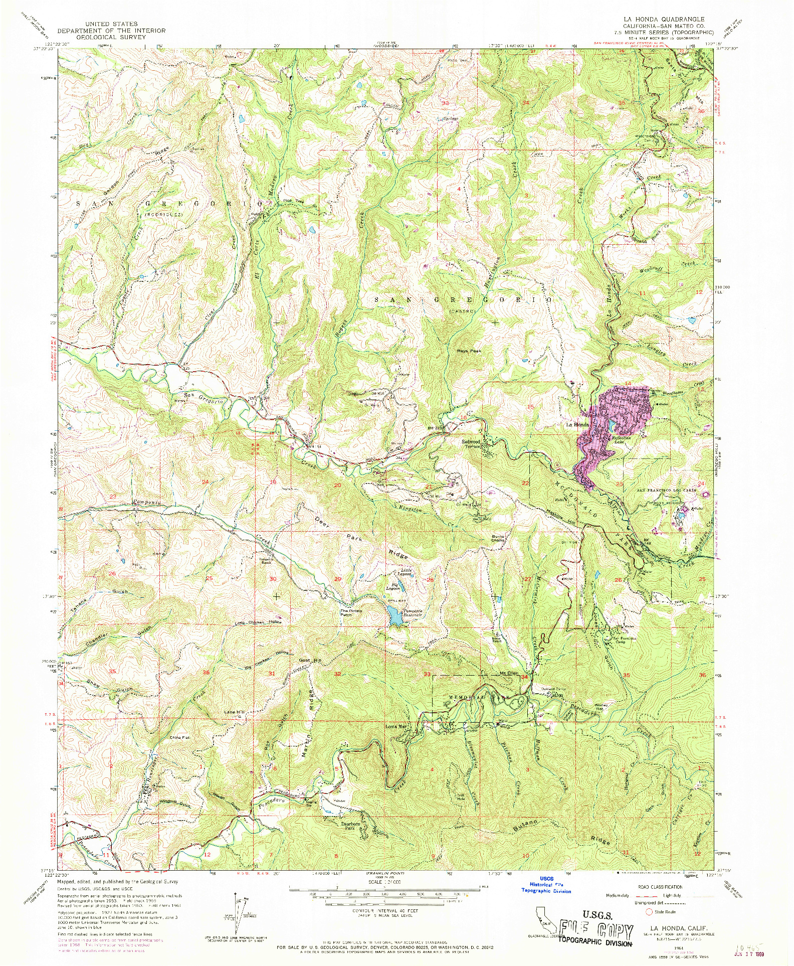 USGS 1:24000-SCALE QUADRANGLE FOR LA HONDA, CA 1961