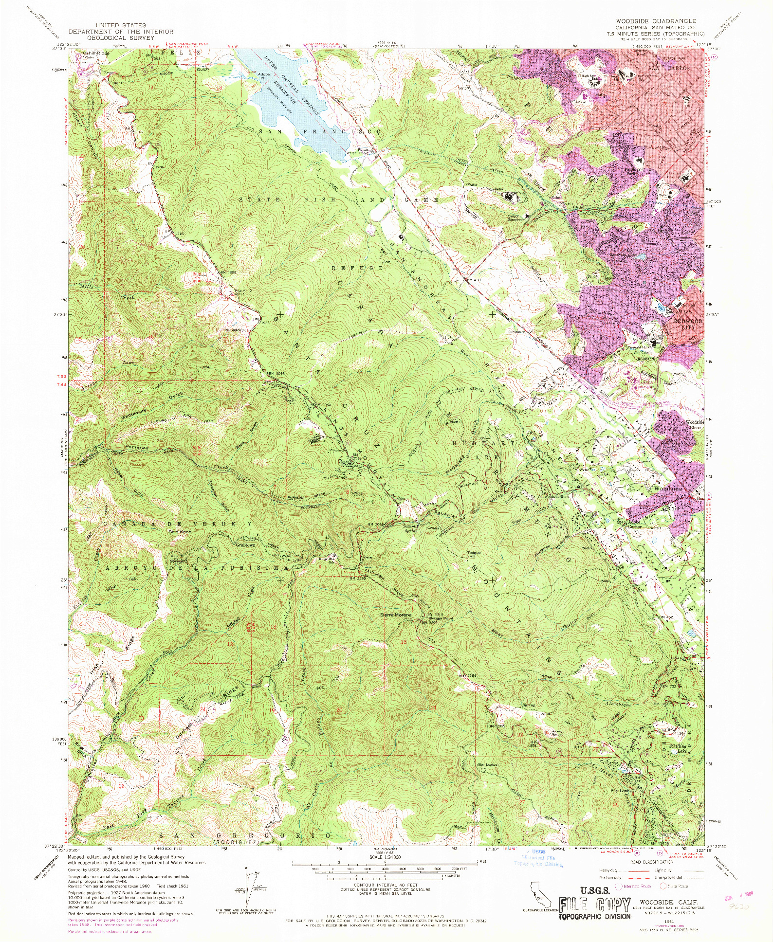 USGS 1:24000-SCALE QUADRANGLE FOR WOODSIDE, CA 1961