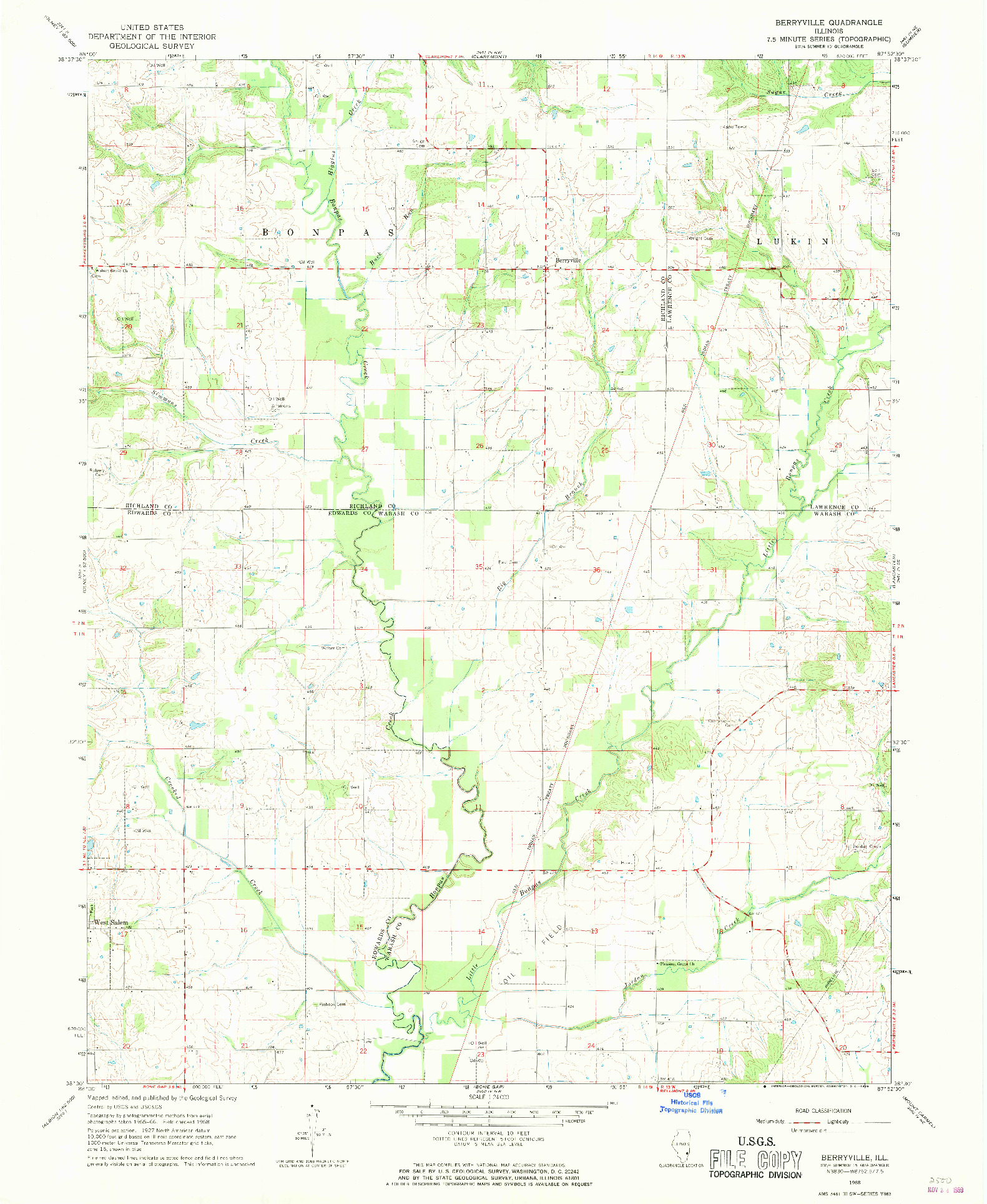 USGS 1:24000-SCALE QUADRANGLE FOR BERRYVILLE, IL 1968
