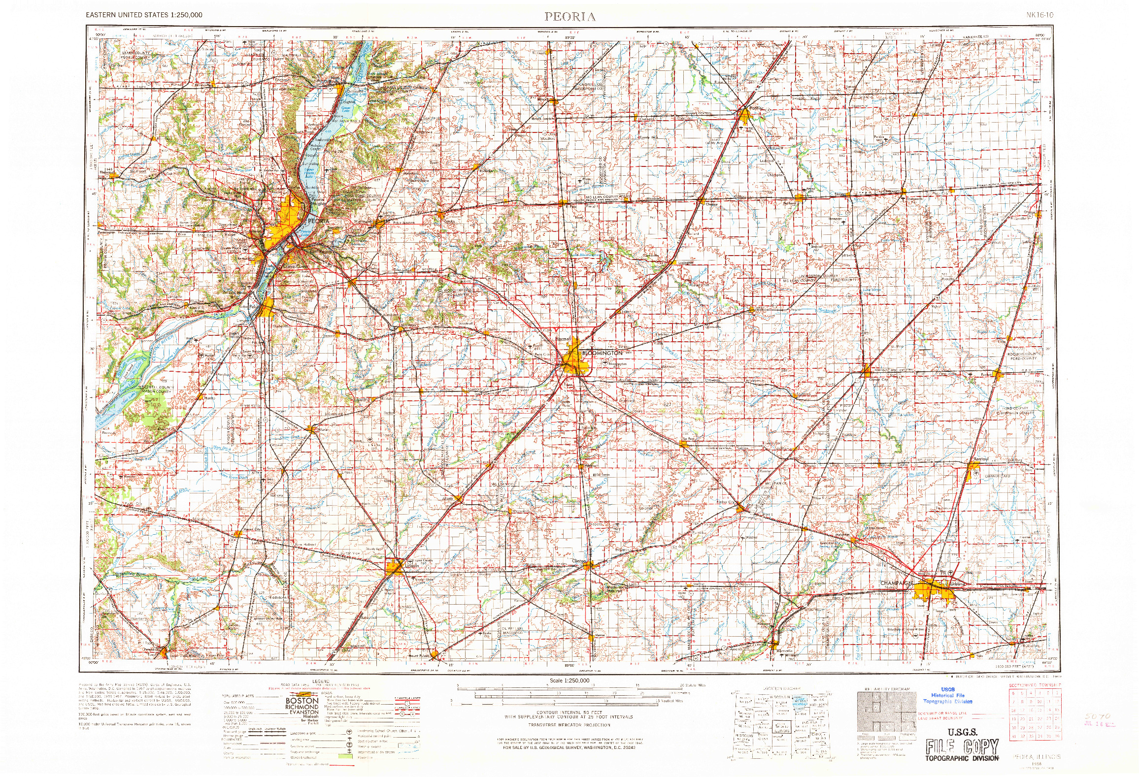 USGS 1:250000-SCALE QUADRANGLE FOR PEORIA, IL 1958