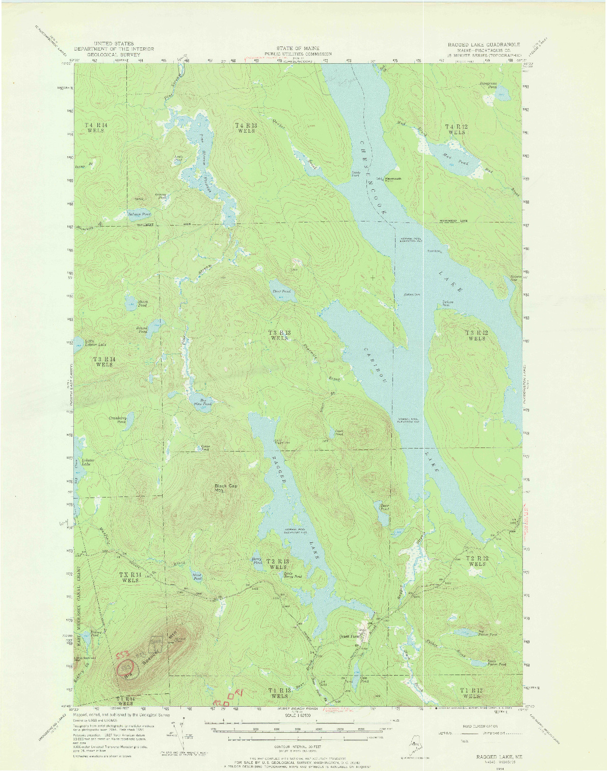 USGS 1:62500-SCALE QUADRANGLE FOR RAGGED LAKE, ME 1954