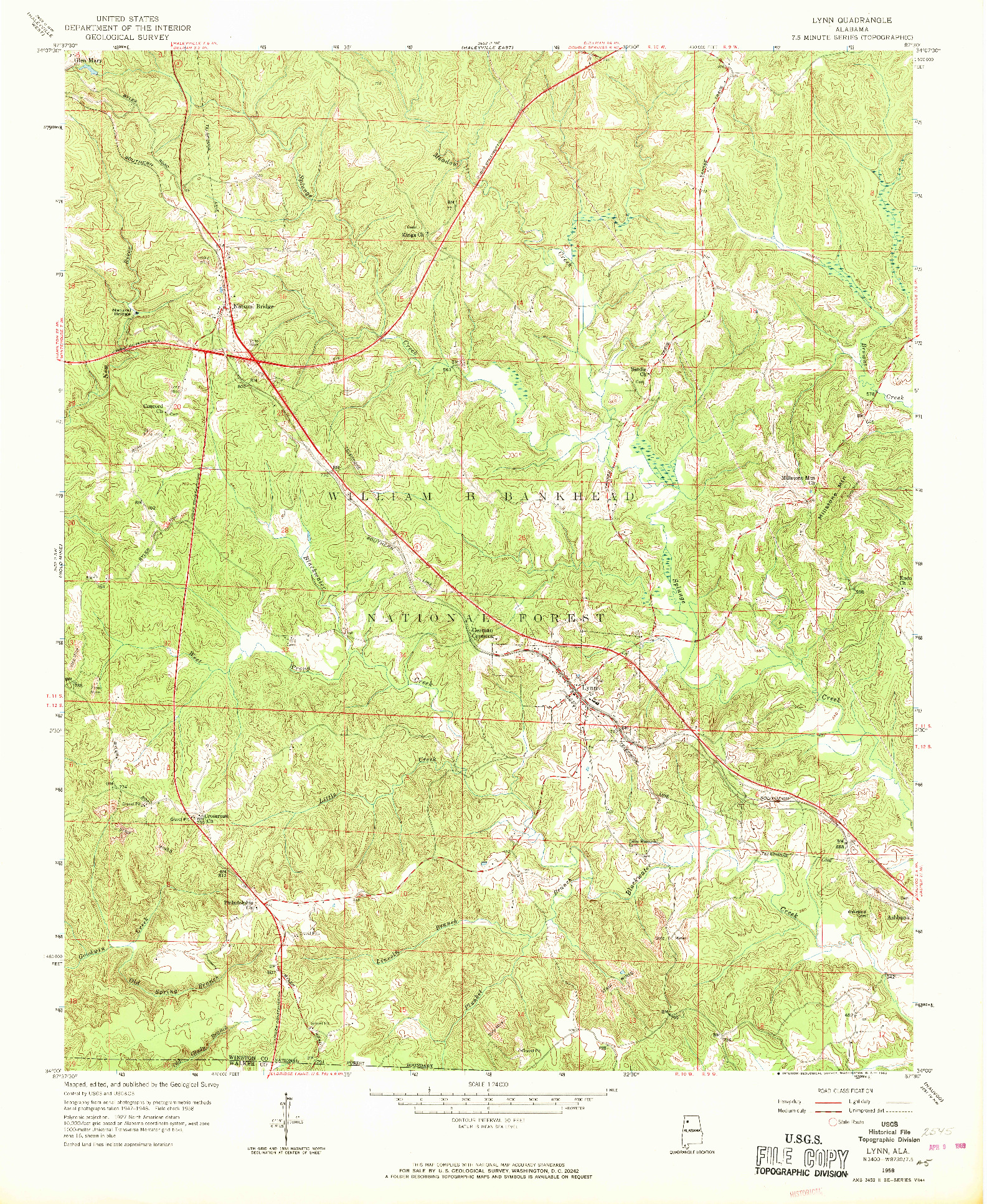 USGS 1:24000-SCALE QUADRANGLE FOR LYNN, AL 1958