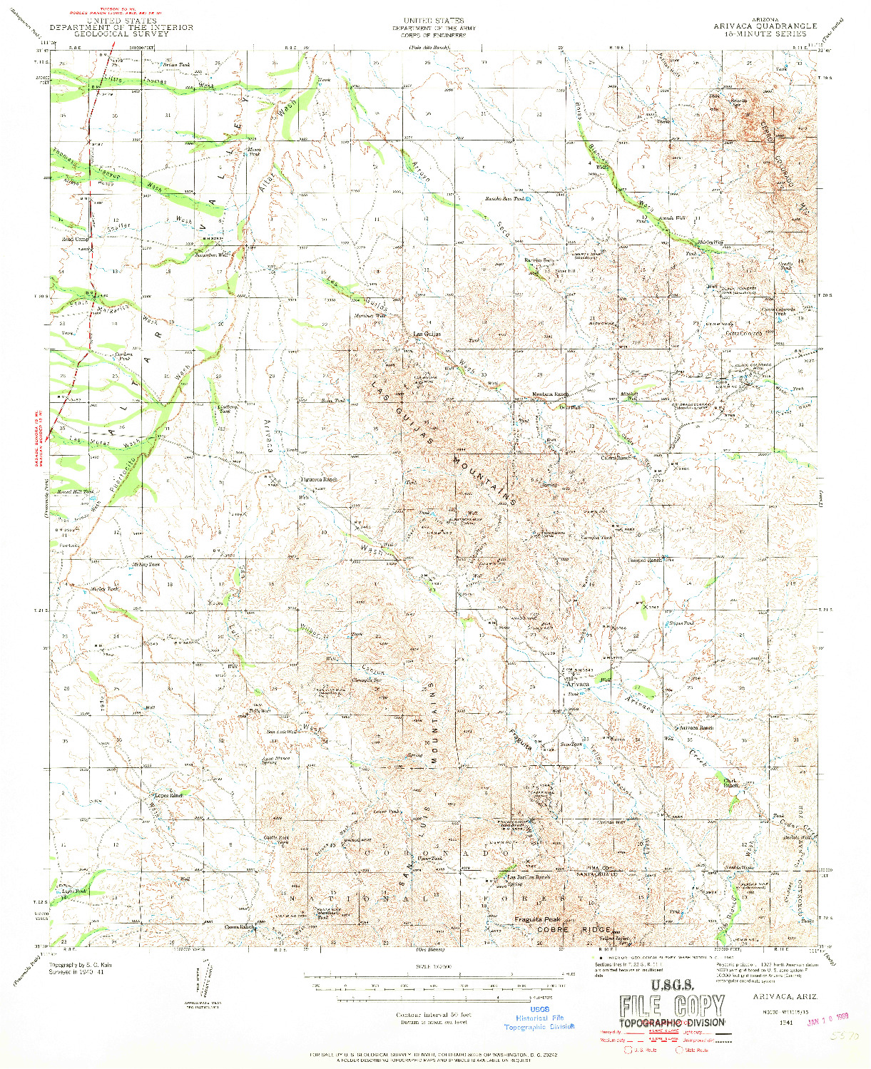 USGS 1:62500-SCALE QUADRANGLE FOR ARIVACA, AZ 1941