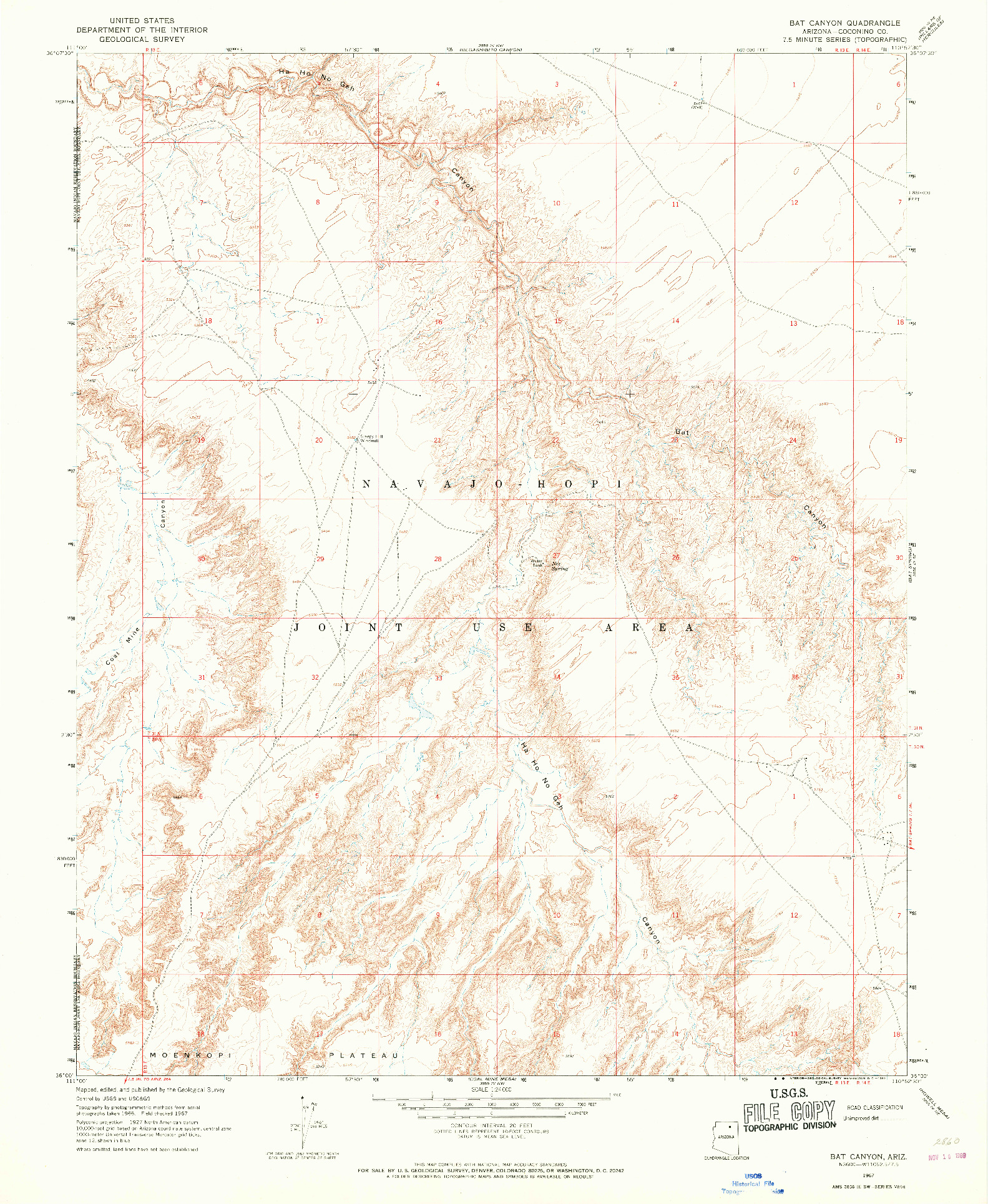 USGS 1:24000-SCALE QUADRANGLE FOR BAT CANYON, AZ 1967