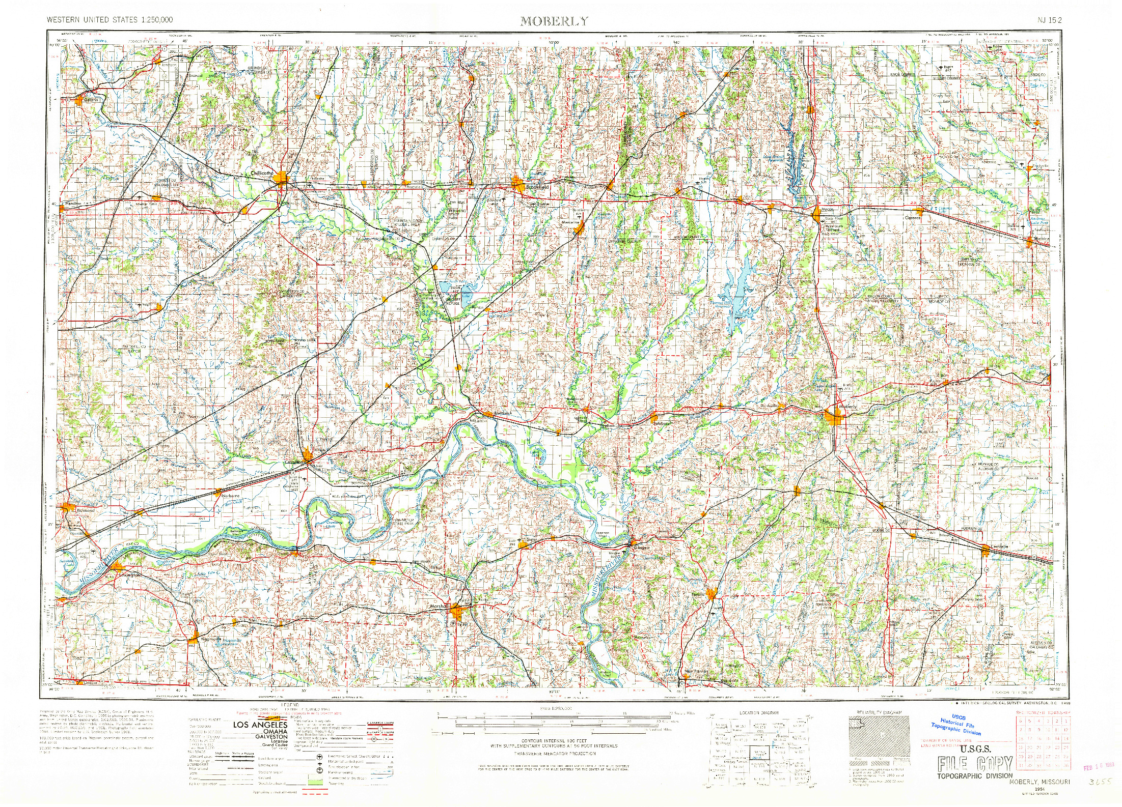 USGS 1:250000-SCALE QUADRANGLE FOR MOBERLY, MO 1954